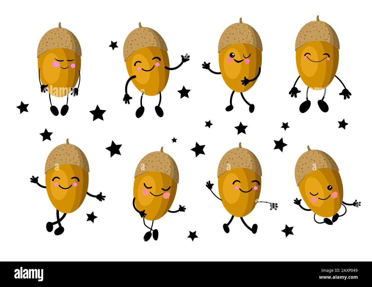 Acorn. Nussbaum mit Eiche Charakter. Cute cartoon Acorn mit Armen und Beinen. Satz von Muttern auf einem weißen Hintergrund. Stockfoto