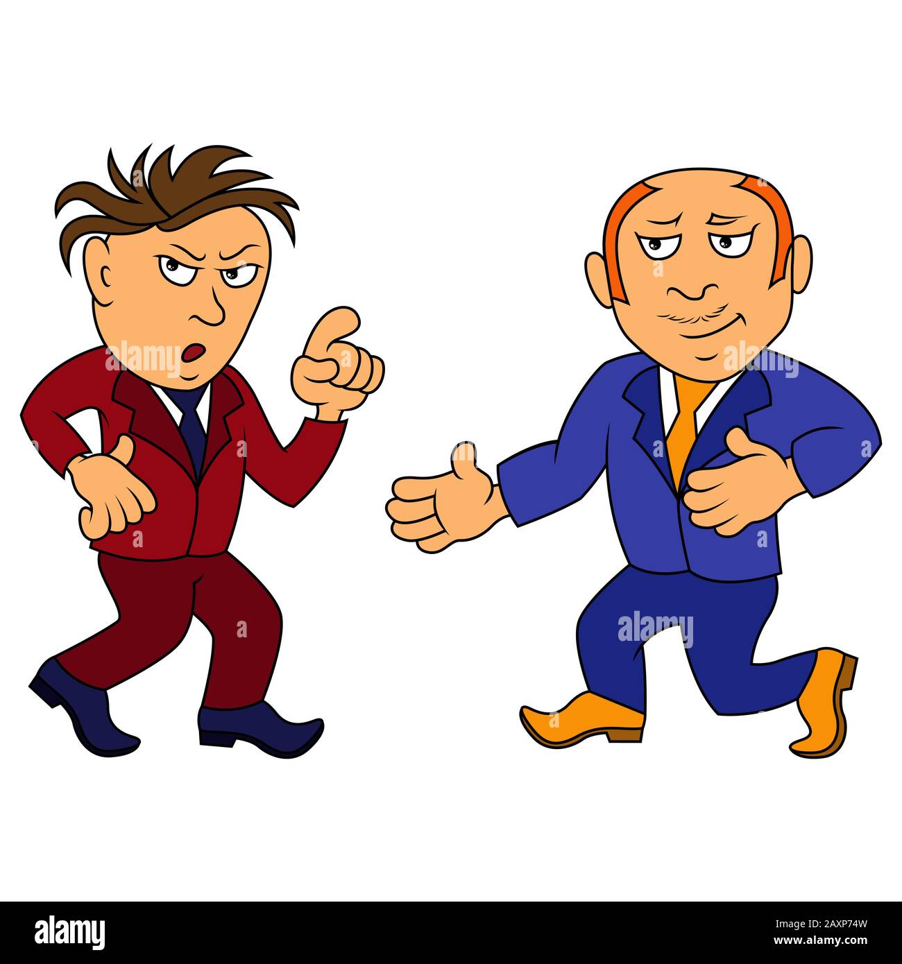 Farbige Illustration zweier lustiger Herren in Anzügen isoliert auf weißem Hintergrund Stock Vektor