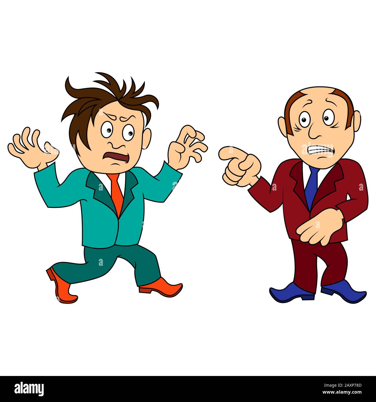Farbige Illustration zweier komischer und amüsanter Herren in Anzügen in verschiedenen Situationen isoliert auf weißem Hintergrund Stock Vektor