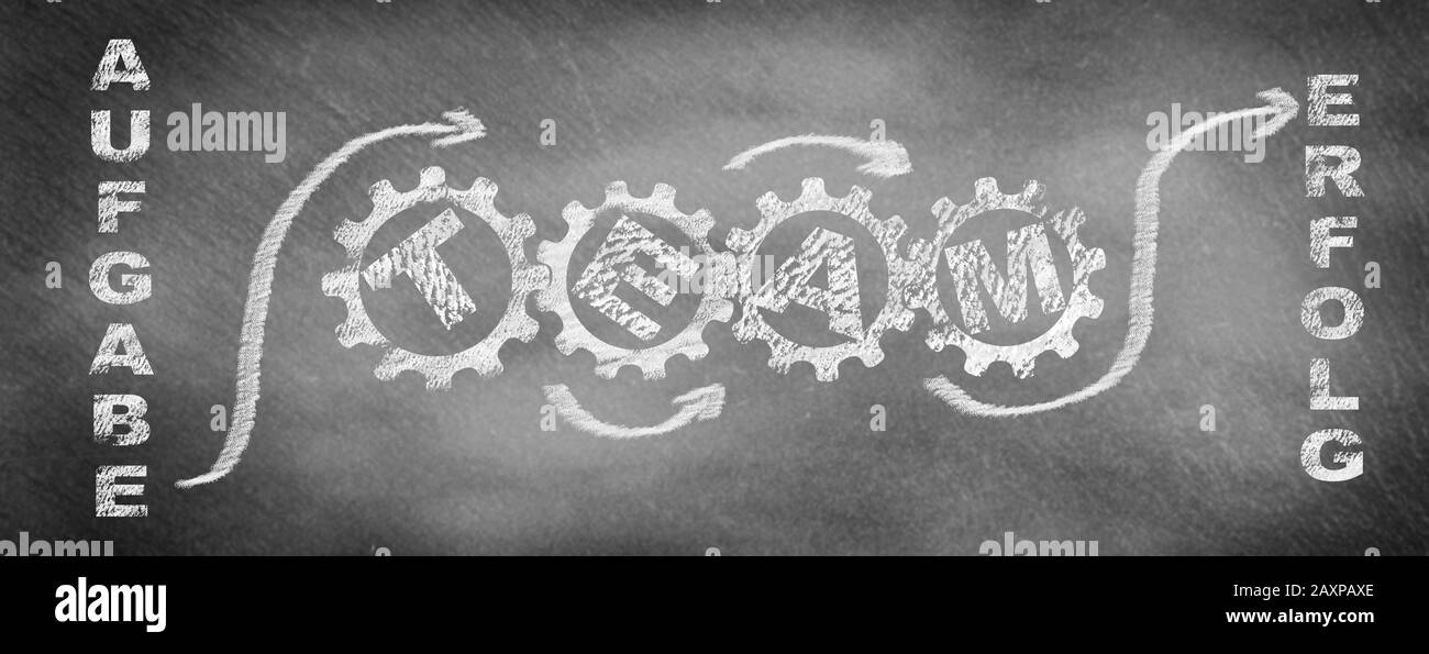 Lösen Sie Aufgaben in einem Team erfolgreich. Mit Kreide auf Schul-Tafel Stockfoto