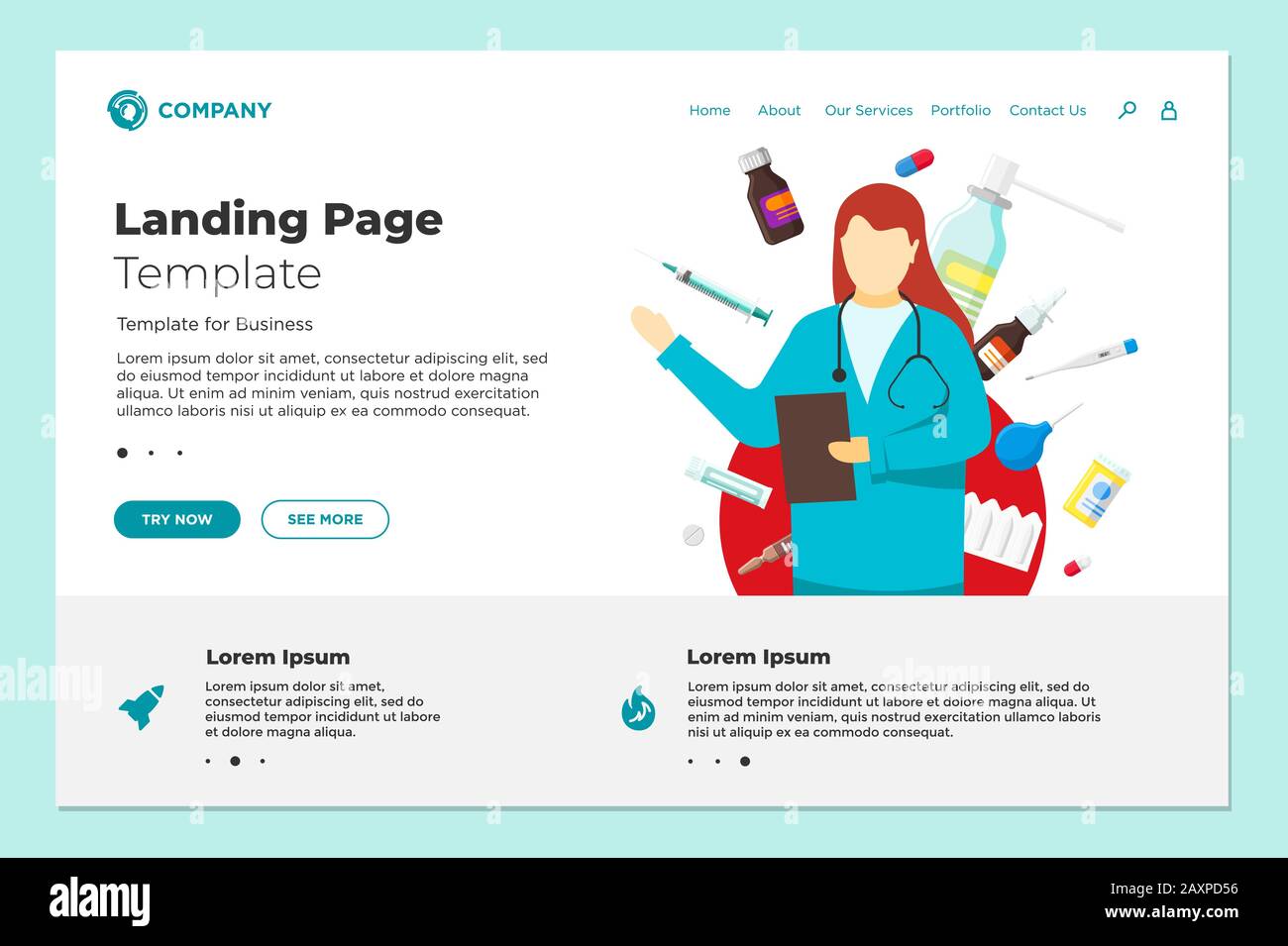 Health Care Online Website Landing Page Design Vorlage. Medizinische Internet-Hilfe. Weibliche Arzt Berater und Medizin Pillen Tabletten Drogen. Beratung Apotheke Klinik Service Vektor Illustration Stock Vektor