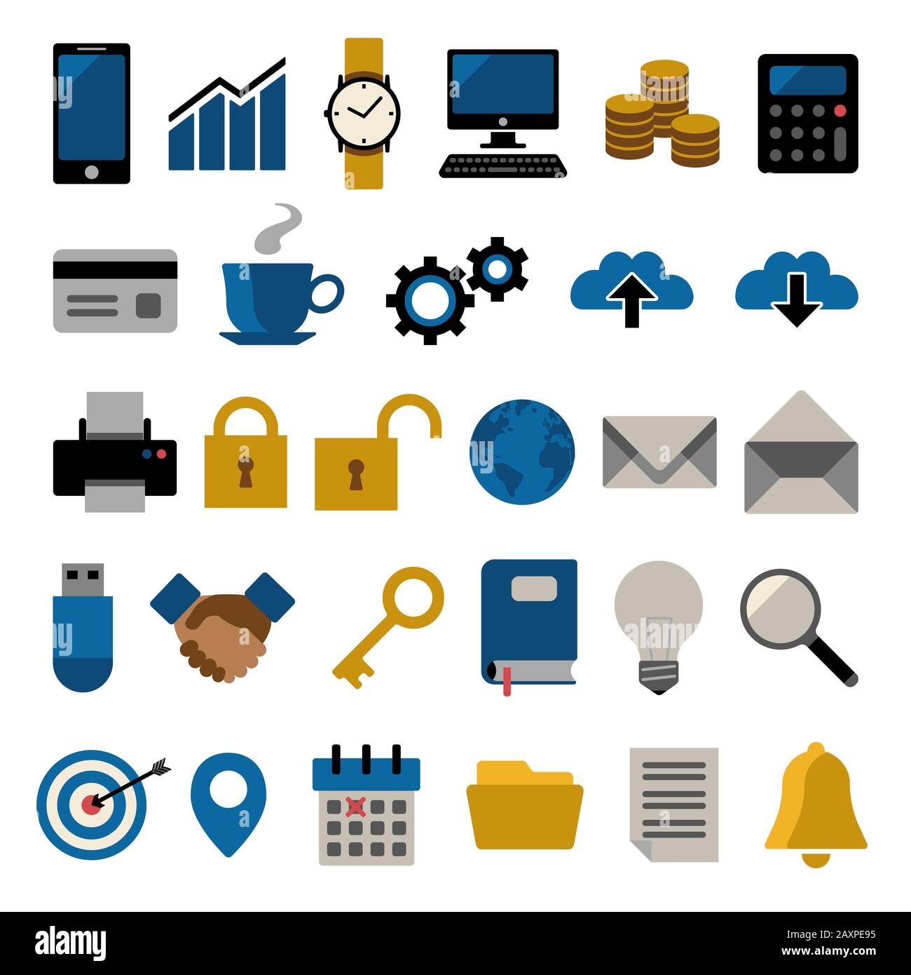 Flaches Design Icons Business und Technologie Handy, Computer, Uhr und mehr Stockfoto