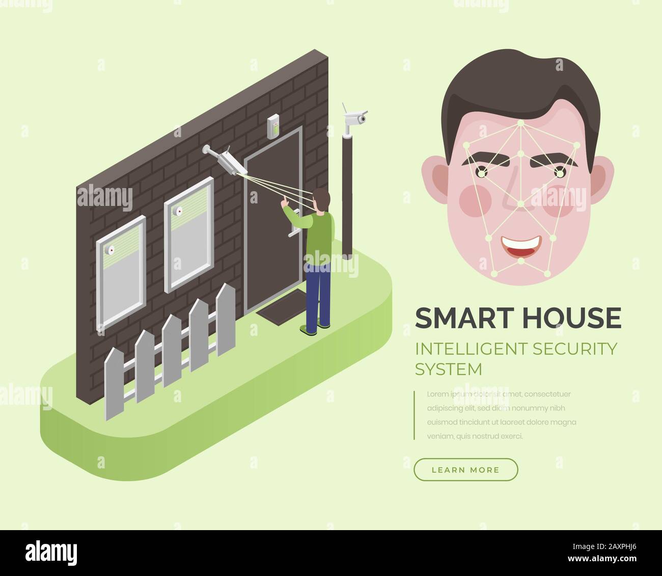 Intelligente Haus-Vektorvorlage für intelligente Sicherheitssysteme. Videoüberwachungskameras, Alarmsirenen, Signalanlage und Gesichtserkennungssystem in isometrischem Stil. Stock Vektor