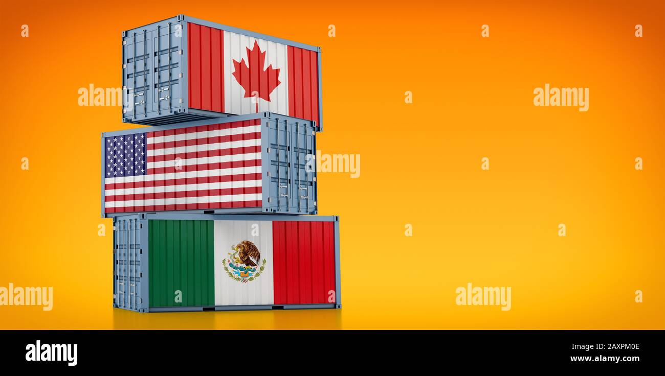 Frachtcontainer mit Nationalflaggen Kanada, USA und Mexiko - NAFTA Nordamerika Freihandelsabkommen - 3D-Rendering Stockfoto