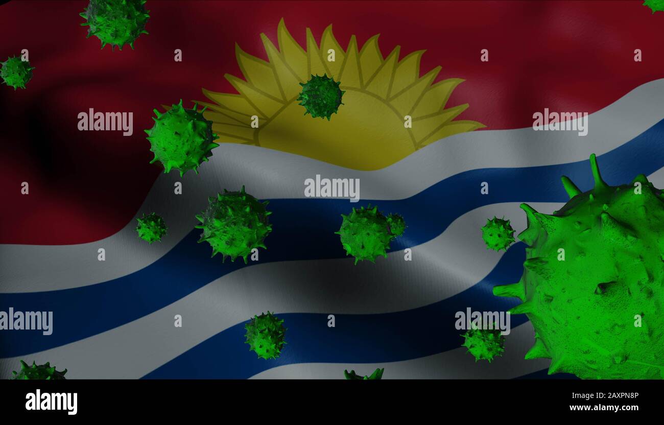 3D-Animation von Kiribati schwenkender Flagge mit grünen Viren (Coronavirus Konzept) Stockfoto