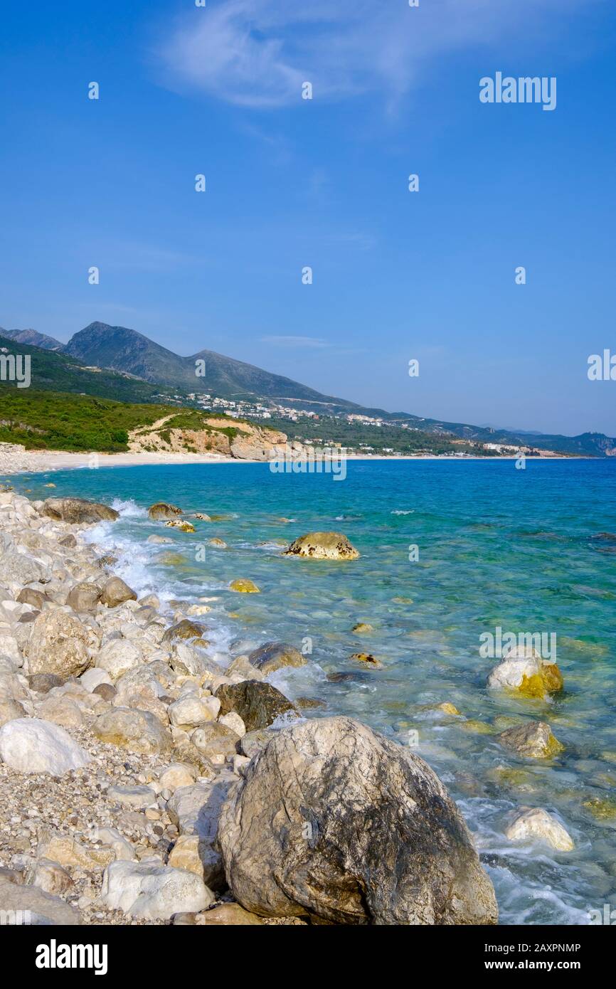 Strand von Palasa, an der Dhërmi, albanische Riviera, Ionisches Meer, Qark Vlorë, Albanien Stockfoto