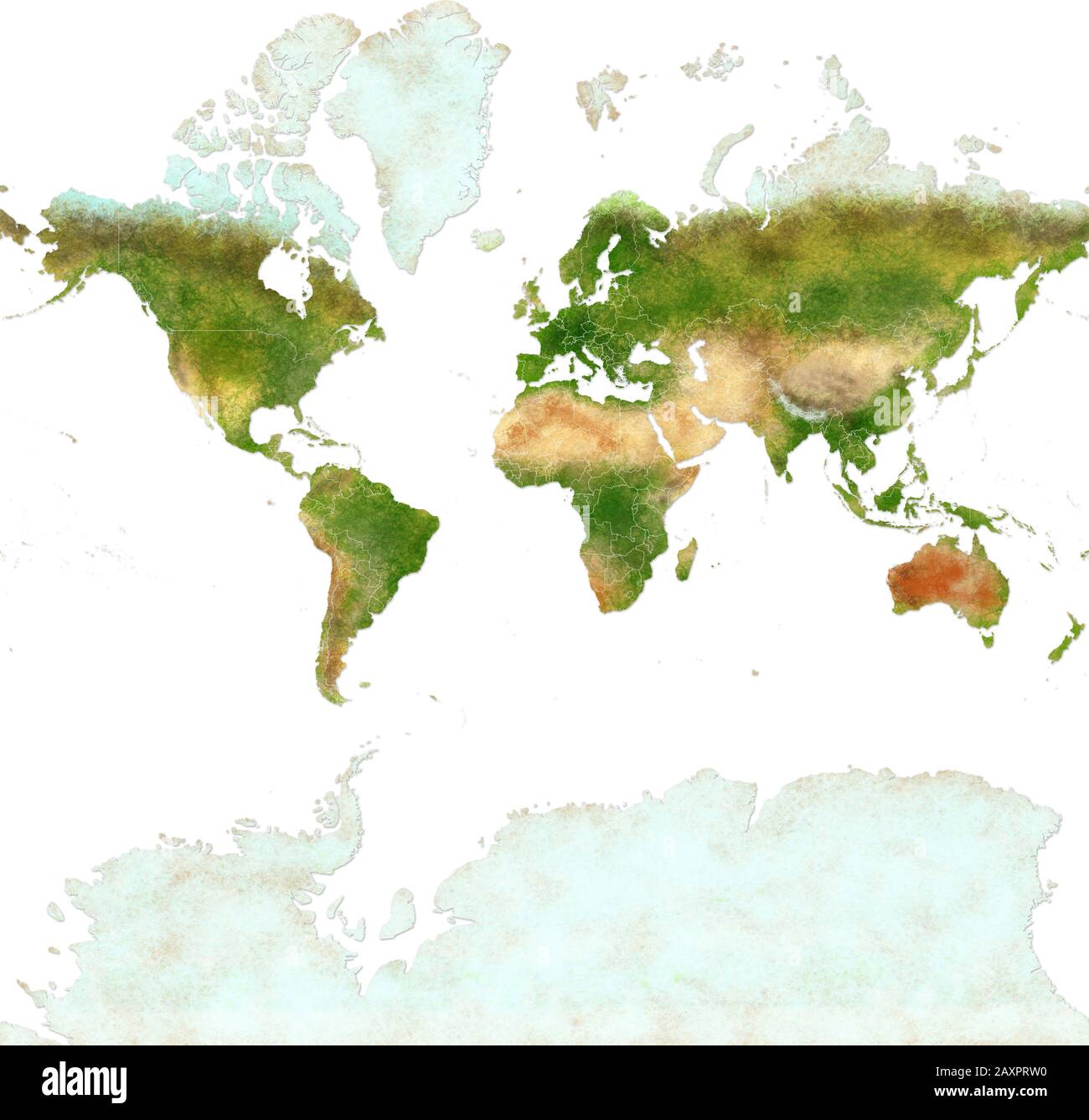 Planisphere der Welt mit Antarktis, Papiereffekt und Peeling-Putz. Physische Karte der Welt mit Grenzen der Nationen. Hand gezogen Stockfoto