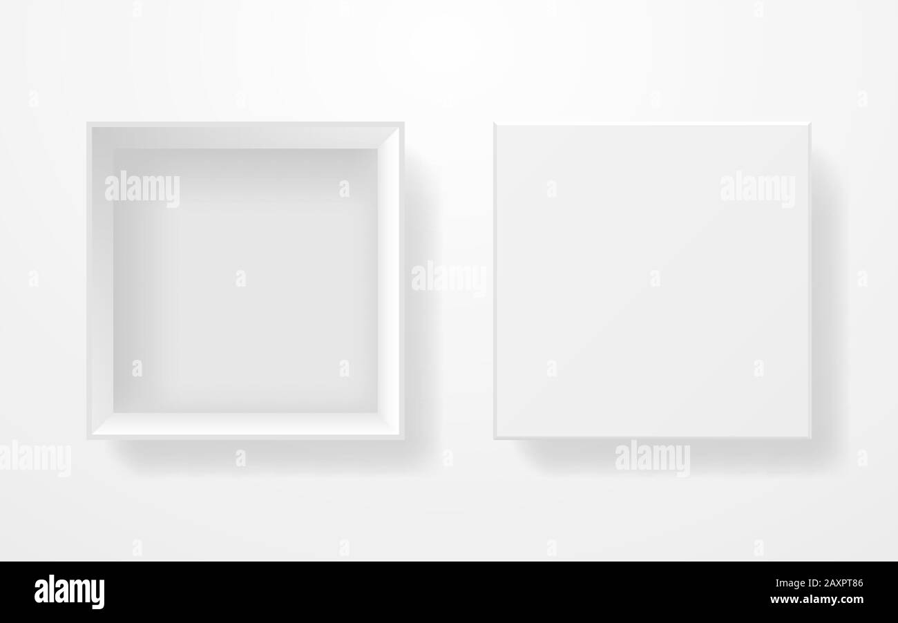 Weiße Schachtel mit verdeckter Draufsicht. Realistische Vorlage auf hellem Hintergrund. Quadratischer Pappkarton isoliert. Behälter mit Deckel öffnen. Reinigen Sie den Produktleerwert Stock Vektor