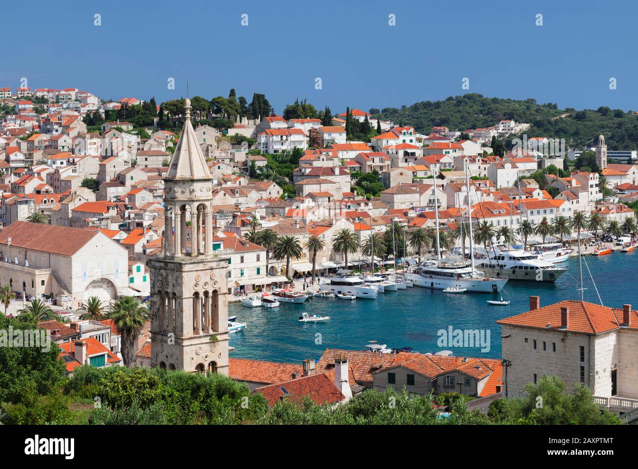 Blick von der Kirche Sv.Marko auf den Stefansplatz mit der Kathedrale Sveti Stjepan und dem Hafen, Hvar, Insel Hvar, Dalmatien, Kroatien Stockfoto