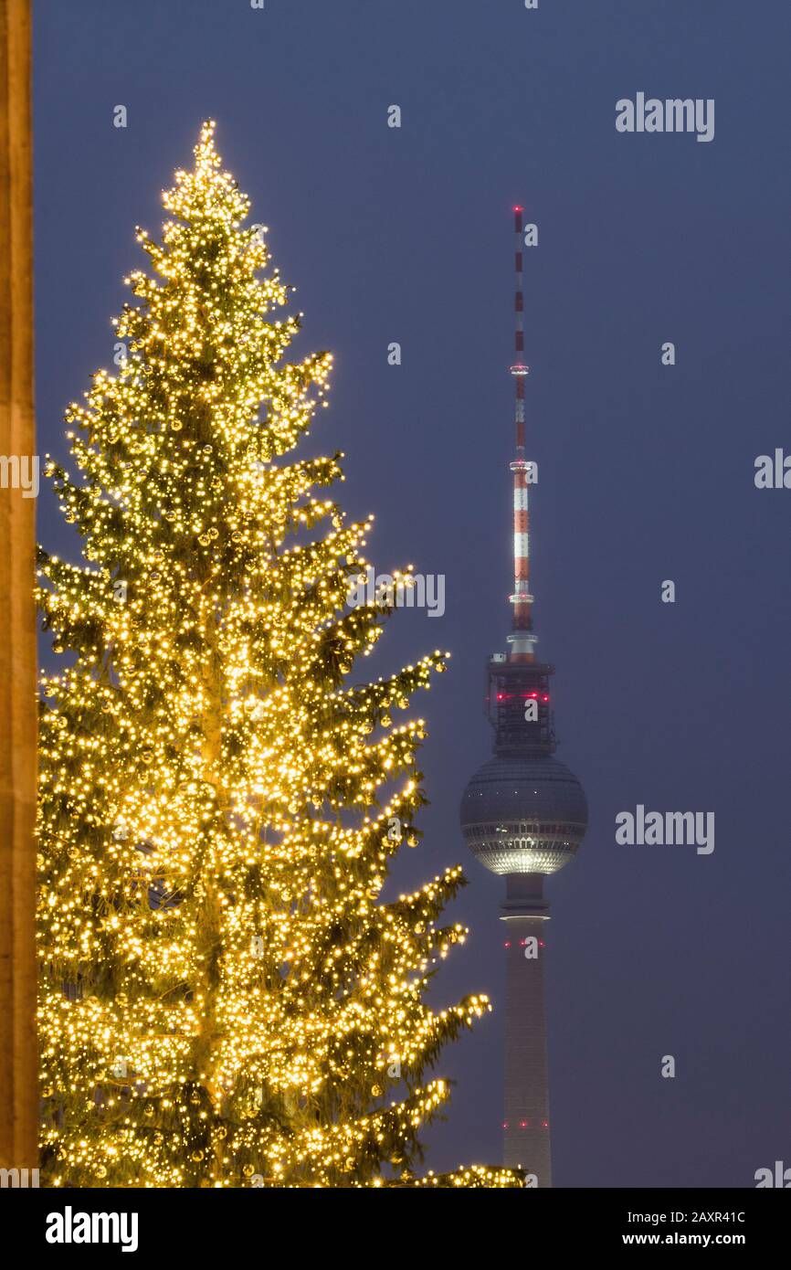 Berlin, Brandenburger Tor, Fernsehturm, Weihnachtsbaum Stockfoto