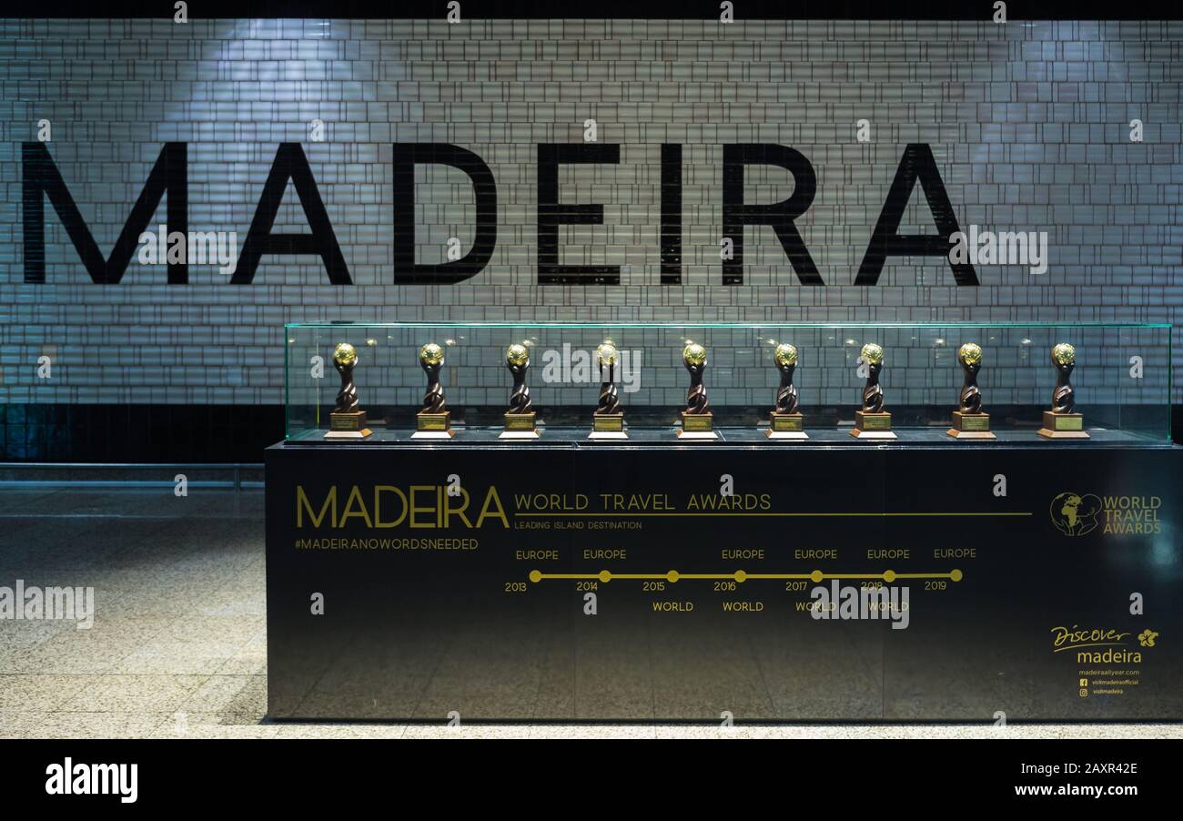 Santa Cruz, Madeira - Februar 2020: Madera Island World Travel Awards in der Ausstellung auf dem Flughafen Cristiano Ronaldo auf der Insel Madeira, Portugal Stockfoto