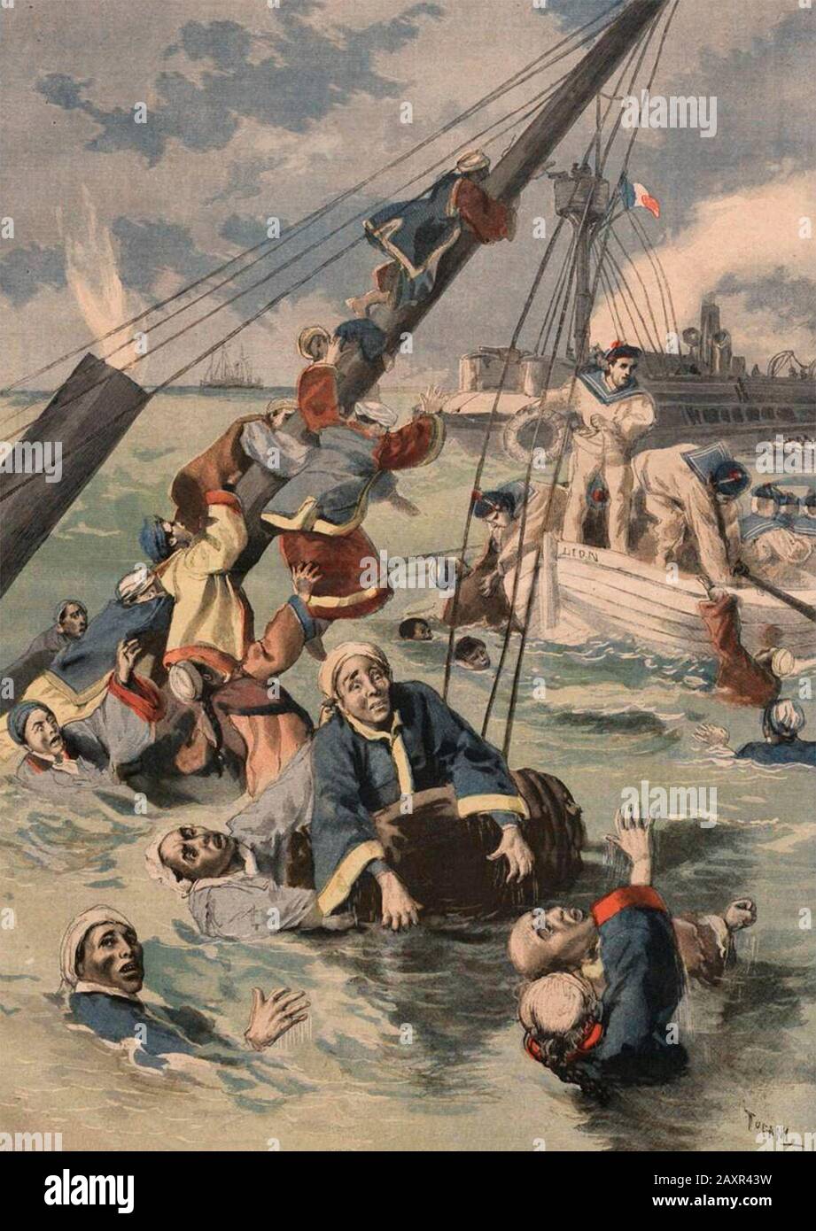 Darstellung des französischen Periodikums Le Petit Journal (August 1894) über den Untergang der Kowshing und die Rettungsbemühungen des französischen Schiffes Le Lion. Stockfoto