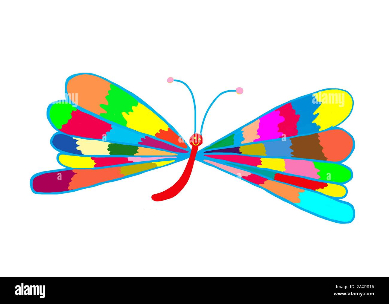 Naive Illustration, Kinderzeichnung, bunter Schmetterling, Deutschland, Europa Stockfoto