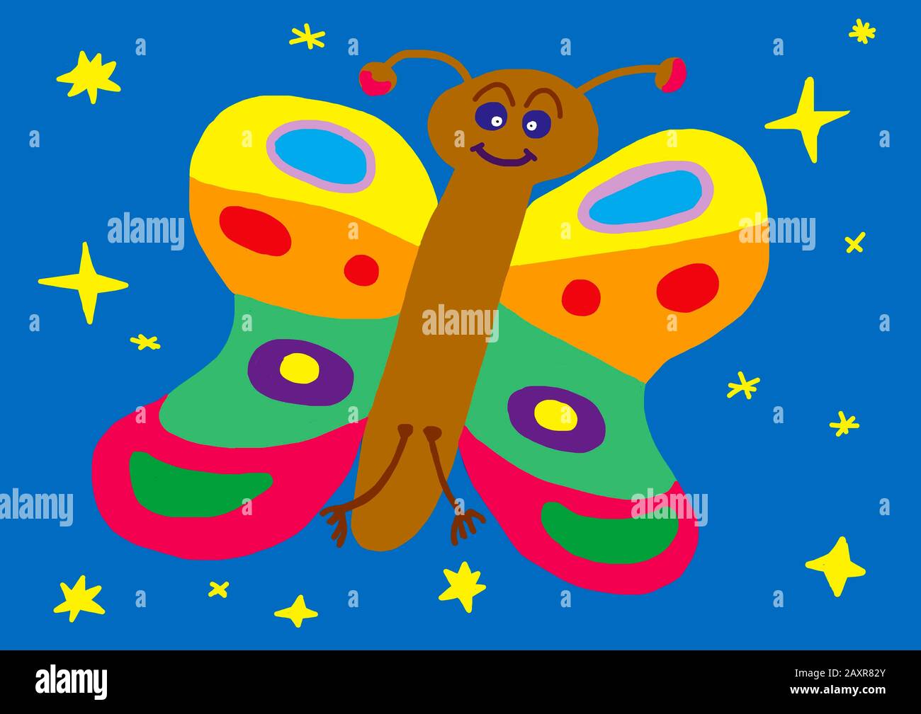 Naive Illustration, Kinderzeichnung, bunter Schmetterling, Deutschland Stockfoto