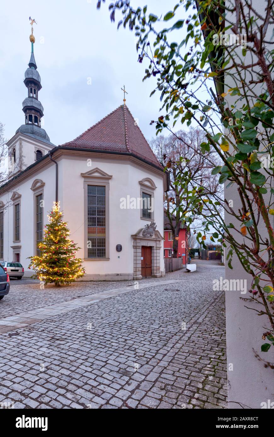 St. Salvator Kirche, Kirche, Weihnachten, Fassade, Architektur, Abend, Schweinfurt, Franken, Bayern, Deutschland, Europa Stockfoto