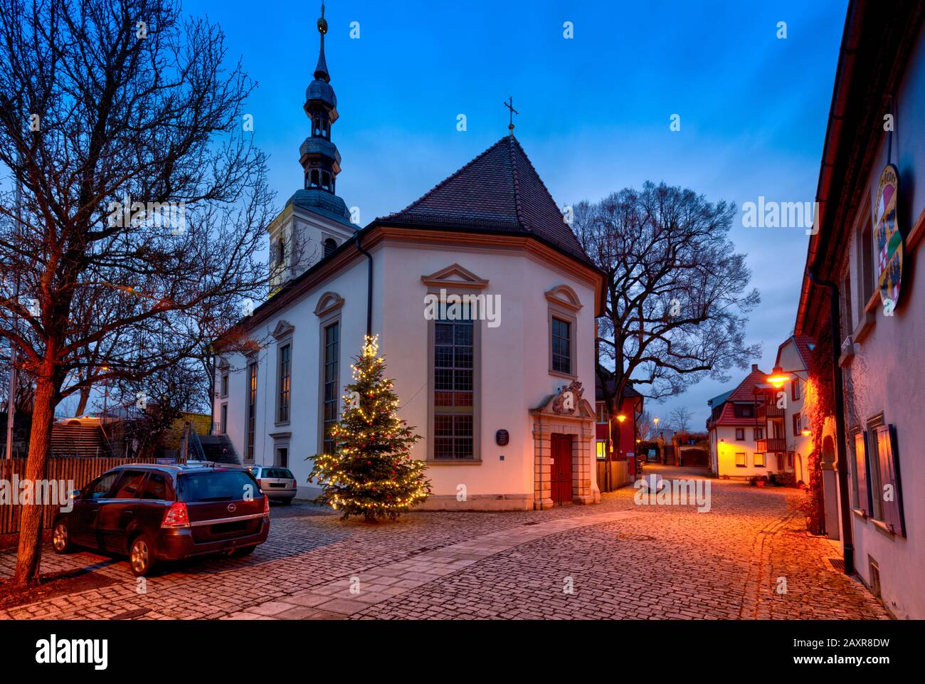 St. Salvator Kirche, Kirche, Weihnachten, Fassade, Architektur, Abend, Schweinfurt, Franken, Bayern, Deutschland, Europa Stockfoto