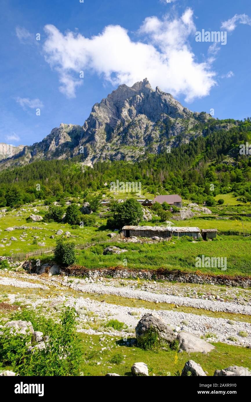 Siedlung Kukaj und Berg Maja e Thatë, Valbona Nationalpark, Albanischen Alpen, Prokletije, Qar Kukes, Albanien Stockfoto