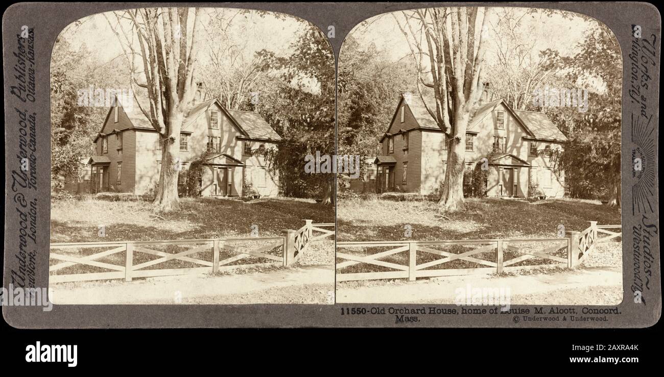 1905 Ca, CONCORD, MASSACHUSETTS, USA: Stereoview Card 3D von Underwood & Underwood, New York, mit dem Landhaus des gefeierten amerikanischen Schriftstellers und Romanschriftstellers LOUISA MAY ALCOTT (* zwischen 1830-8), dem Old Orchard House. Am bekanntesten ist sie für den Roman Kleine Frauen ( PICCOLE DONNE ), der im Jahre 1865 veröffentlicht wurde. Dieser Roman basiert lose auf ihren Kindheitserlebnissen mit ihren drei Schwestern .- LOUISE - LETTERATO - SCRITTORE - LETTERATURA - Literatur - HAUS - CASA - HOME - ABITAZIONE - ARCHITETTURA - ARCHITEKTUR - Campagna - alberi - Bäume - SCRITTRICE - letteratura femminile per l'infancia - CHI Stockfoto