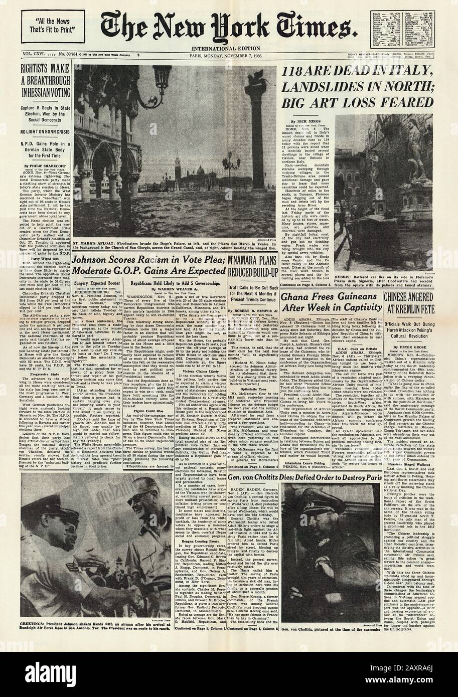 1966, 7. november, FIRENZE, ITALIEN: Die erste Seite der US-amerikanischen Zeitung THE NEW YORK TIMES über die Flutkatastrophe, die am selben Tag die Stadt FIRENZE verwüstete und VENEZIA überschwemmte. - VENEDIG - FLORENZ - Quotidiano - giornale - Cover - Copertina - prima pagina - ALLUVIONE - katastrophal naturale - inondazione - ITALIA - FOTO STORICHE - GESCHICHTE - GEOGRAFIA - GEOGRAPHIE - GEOGRAFIA - FOTO STORICHE - GESCHICHTE - HISTORISCH - Zeitlinien - notiziario - notiziie - notiziie - Nazi-General Dietrich von CHOLTITZ --- Archivio GBB Stockfoto