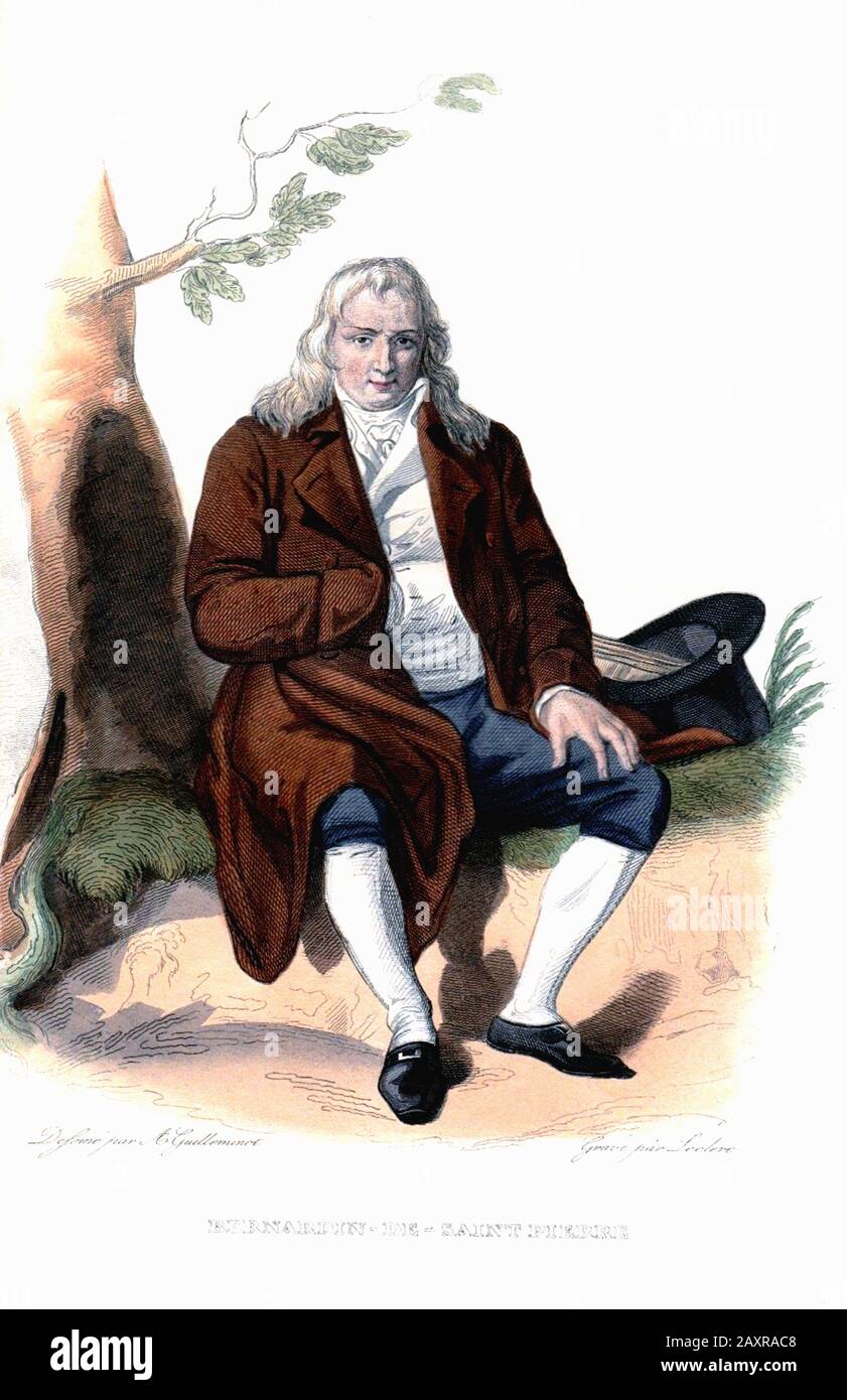 1800 Ca, FRANKREICH: Der französische Schriftsteller und Botaniker Jacques Henri Bernardin De Saint Pierre (* 1737 in Saint-Pierre; † 1814 in Paris), der Autor der berühmten Romantik PAUL ET VIRGINIE (* 1787 in Paris). Graviertes Porträt von Leclerc, entworfen von A. Gulleminot, ab dem Jahr 1841. - Jacques-Henri - Saint-Pierre - BOTANIKER - BOTANICO - BOTANICA - SCRITTORE - LETTERATURA - LITERATUR - Letterato - Ritratto - Porträt - "800 - 800" - OTTOCENTO ---- Archivio GBB Stockfoto