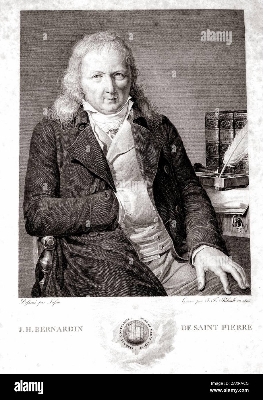 Ca, FRANKREICH: Der französische Schriftsteller und Botaniker Jacques Henri Bernardin De Saint Pierre (* 1737 in Saint-Pierre; † 1814 in Paris), der Autor der berühmten Romantik PAUL ET VIRGINIE (* 1787 in Paris). Graviertes Porträt auf der Vorderseite des Buches "Paul et Virginie", édition Didot, im Jahre 1806 . - Jacques-Henri - Saint-Pierre - BOTANIKER - BOTANICO - BOTANICA - SCRITTORE - LETTERATURA - LITERATUR - Letterato - Ritratto - Porträt - "800 - 800" - OTTOCENTO - Scrivania - Schreibtisch - Scrittoio - libro - Bücher - Penna d'oca - Kragen - Colletto -- Archivio GBB Stockfoto