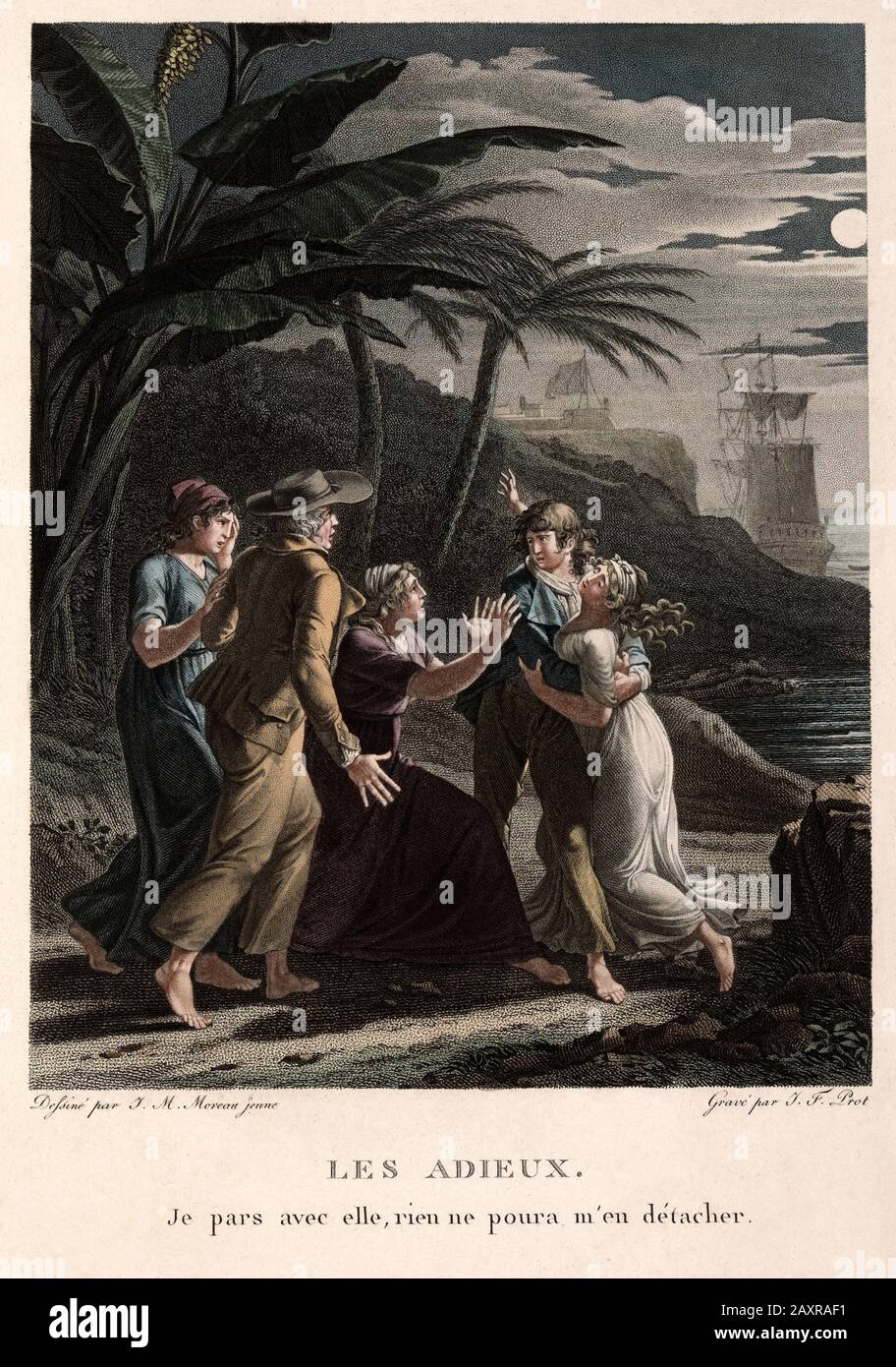 Frankreich: Der französische Schriftsteller und Botaniker Jacques Henri Bernardin De Saint Pierre (* 1737 in Saint-Pierre; † 1814 in Paris), der berühmte Romantiker PAUL ET VIRGINIE (* um 1787 in Paris). Illustration aus der Buchausgabe von "Paul et Virginie" von Jean Michel Moreau aus dem Jahre 1566 (* 1741 in Paris; † um 1414 in Paris), eingraviert von Pierre Didot (* 1761 in Paris; † um 185,3). - Jacques-Henri - Saint-Pierre - BOTANIKER - BOTANICO - BOTANICA - SCRITTORE - LETTERATURA - LITERATUR - Letterato - Illustrazione - Incision - Illustration --- Archivio GBB Stockfoto