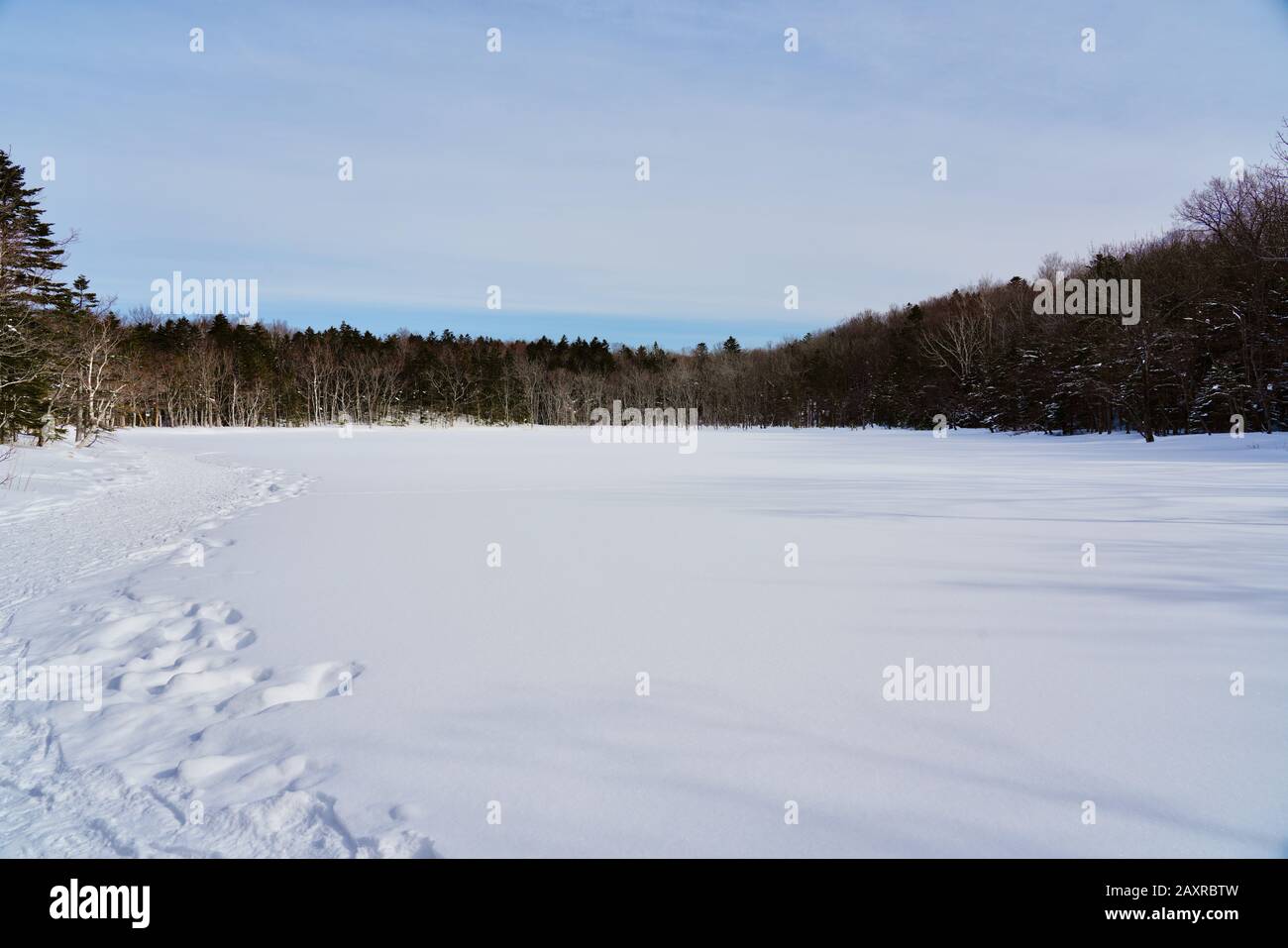 Wandern durch die schneebedeckten Shiretoko Five Lakes im Winter, Hokkaido, Japan Stockfoto