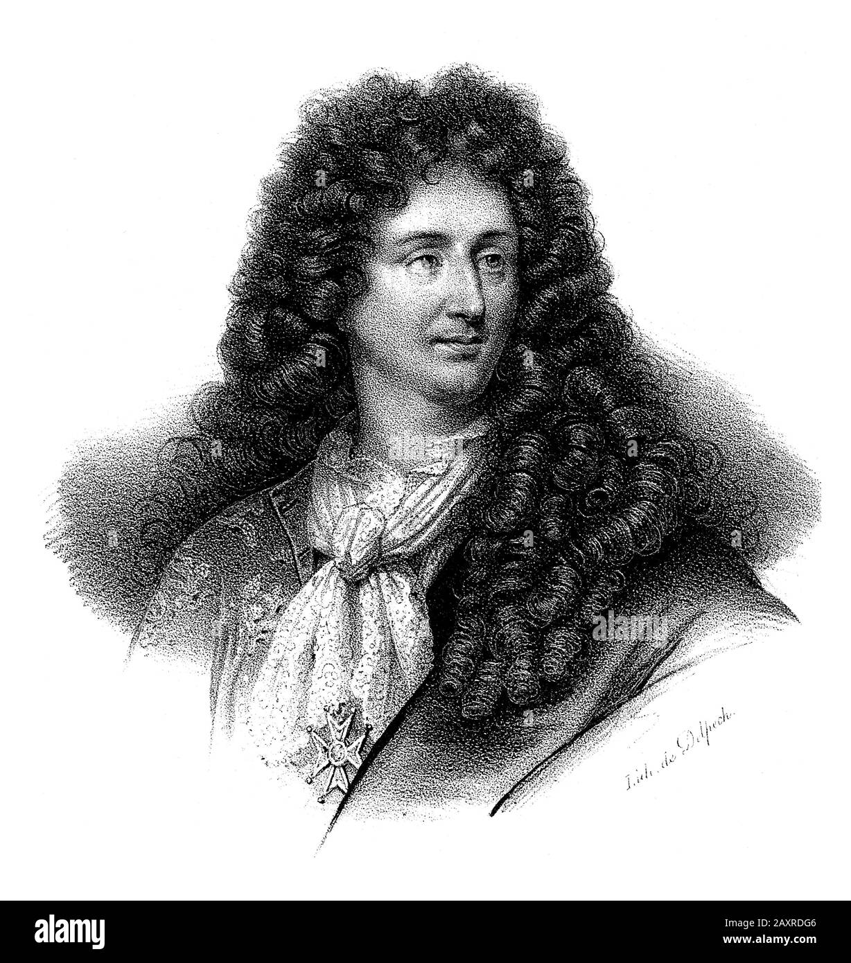 1.680 Ca, FRANKREICH: Der französische Architekt des Barock, JULY HARDOUIN MANSART (* 1646 in Paris; † 1708 in Paris). Porträt des französischen Graveurs Delpech , 1834 . Der im Dachgeschoss ( mansarde ) entstandene Wohnraum hat seinen Namen von ihm und seinem Großonkel François Mansart (* 1598; † 1666), einer Mode, die in Paris im Rahmen ihrer Restauration und Wiederherstellung herrschaftlicher Gebäude eingeführt wurde. - ARTE - ARCHITETTO - ARCHITETTURA - ARCHITEKTUR - MANSARDA - KUNST - Porträt - Ritratto - Incision - FRANCIA - BAROCCO - Perücke - Parrucca - Riccioli - Boccoli - Locken - GESCHICHTE - FOTO STORICHE -- Archivio GBB Stockfoto