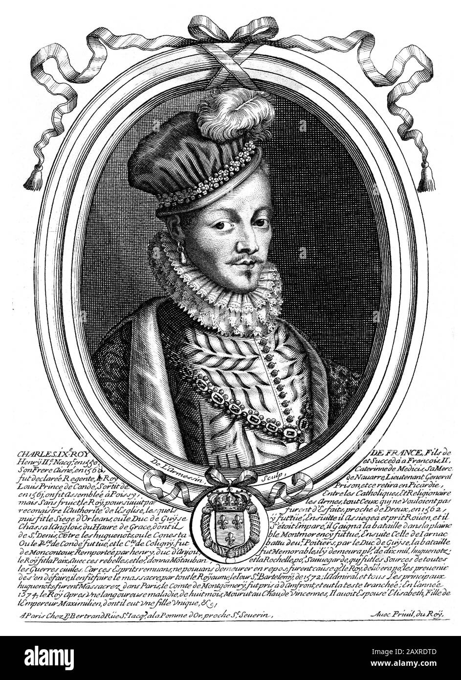 1570 Ca, FRANKREICH: Der König von Frankreich KARL IX. Von Valois (* um 1550 in Valois; † 1574 in Paris). Sohn von Caterina de Medici und Henri II. Verheiratet mit der fürstin Elizabeth von Absburg ( Habsburg ) (* 1570; † 1574). Charles starb 1574 an Tuberkulose, ohne legitime männliche Ausgabe, und wurde Nachfolger seines Bruders Heinrich III. Graviertes Porträt eines unbekannten Künstlers, gedruckt 1679 in Frankreich . - FRANCIA - Catherine de' Medici - CARLO IX - ADELSTITEL - NOBILI francesi - Nobiltà francese - Asburgo - Illustrazione - Illustration - Gravur - Incisione - cuffia - Hut - cappello - Kragen - Colletto - Gorgiera - pizzo - l. Stockfoto
