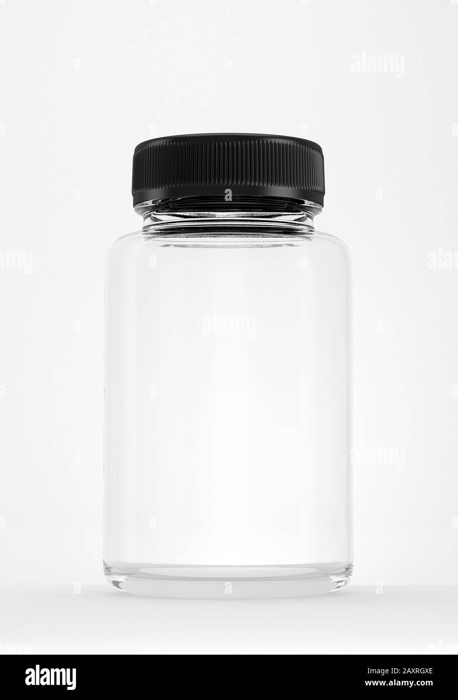 Transparente leere Behälter für Medikamente vor weißem Hintergrund. Supplement, Antibiotika und Vitaminpräparat Mockup. Stockfoto
