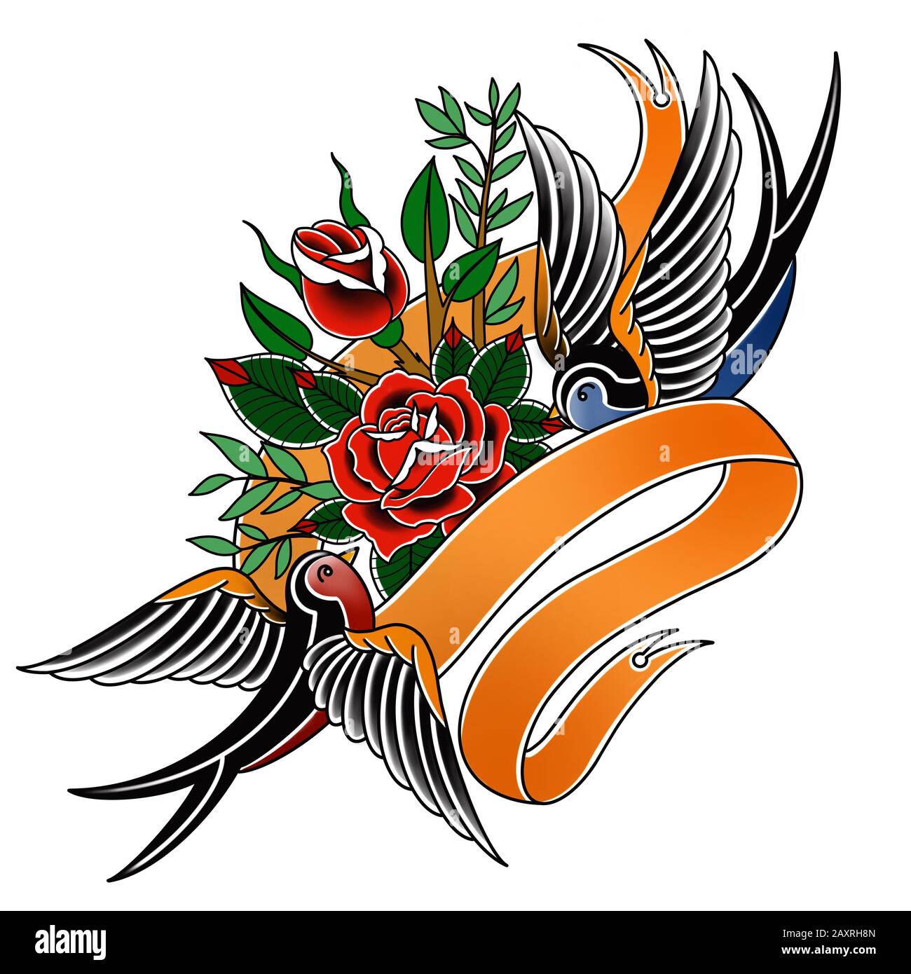 Schwalben und Rose mit Band Love Konzept traditionelle Tattoo-Design-Illustrationen Stockfoto