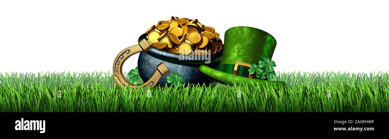 Saint Patrick Day Designelement als grünes Feriensymbol mit leerem Kopier- oder Textbereich mit Kleeblatt hinterlässt einen Topf goldenes Hufeisen auf Gras als A. Stockfoto