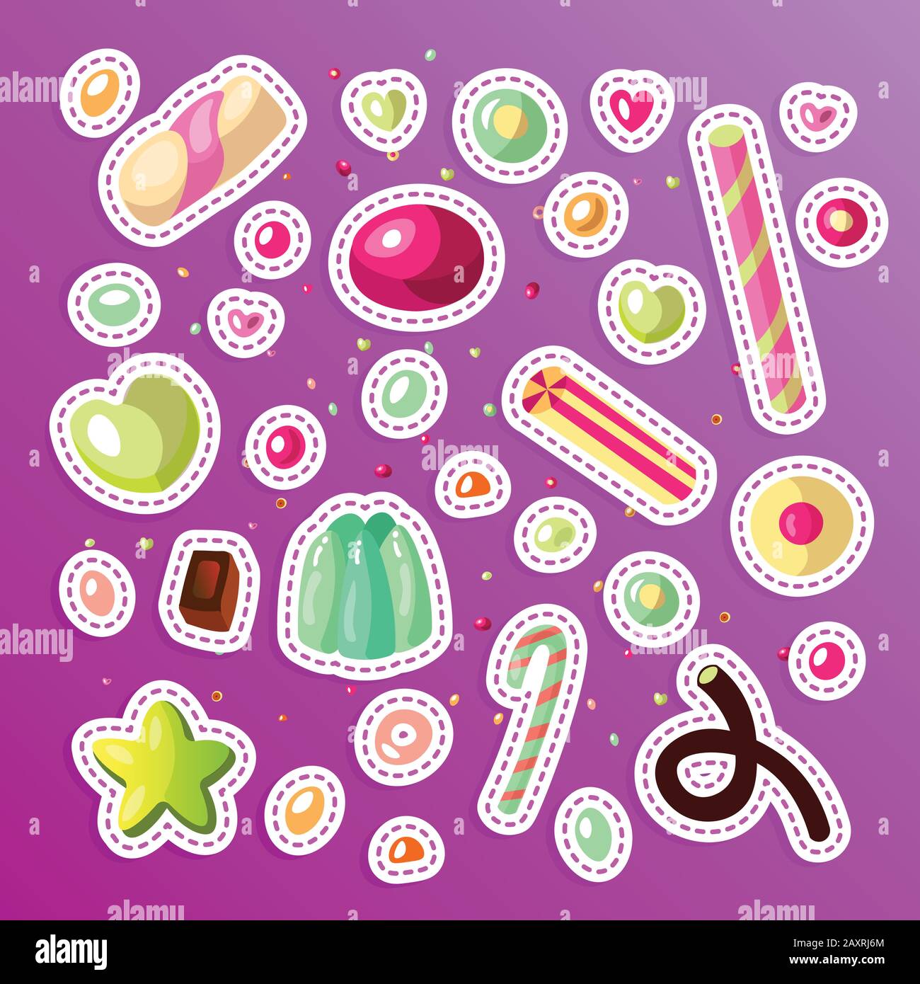 Süße cartoon Candy eingestellt. Sammlung von Süßigkeiten, Cartoon Stil. Gelee, Süßigkeiten, Kuchen, süße Krapfen und Marmelade. Riesige Menge von Cartoon doodle Form Bonbons Stock Vektor