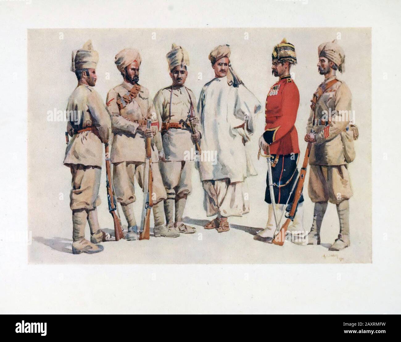 Armeen Indiens. Von Major A.C. Lovett. London. 1911. Punjabis Afridi von Tirah, Lance Naik/Jat Sikh, Bangash (Pathan), Pathan von Upper Swat Vall Stockfoto