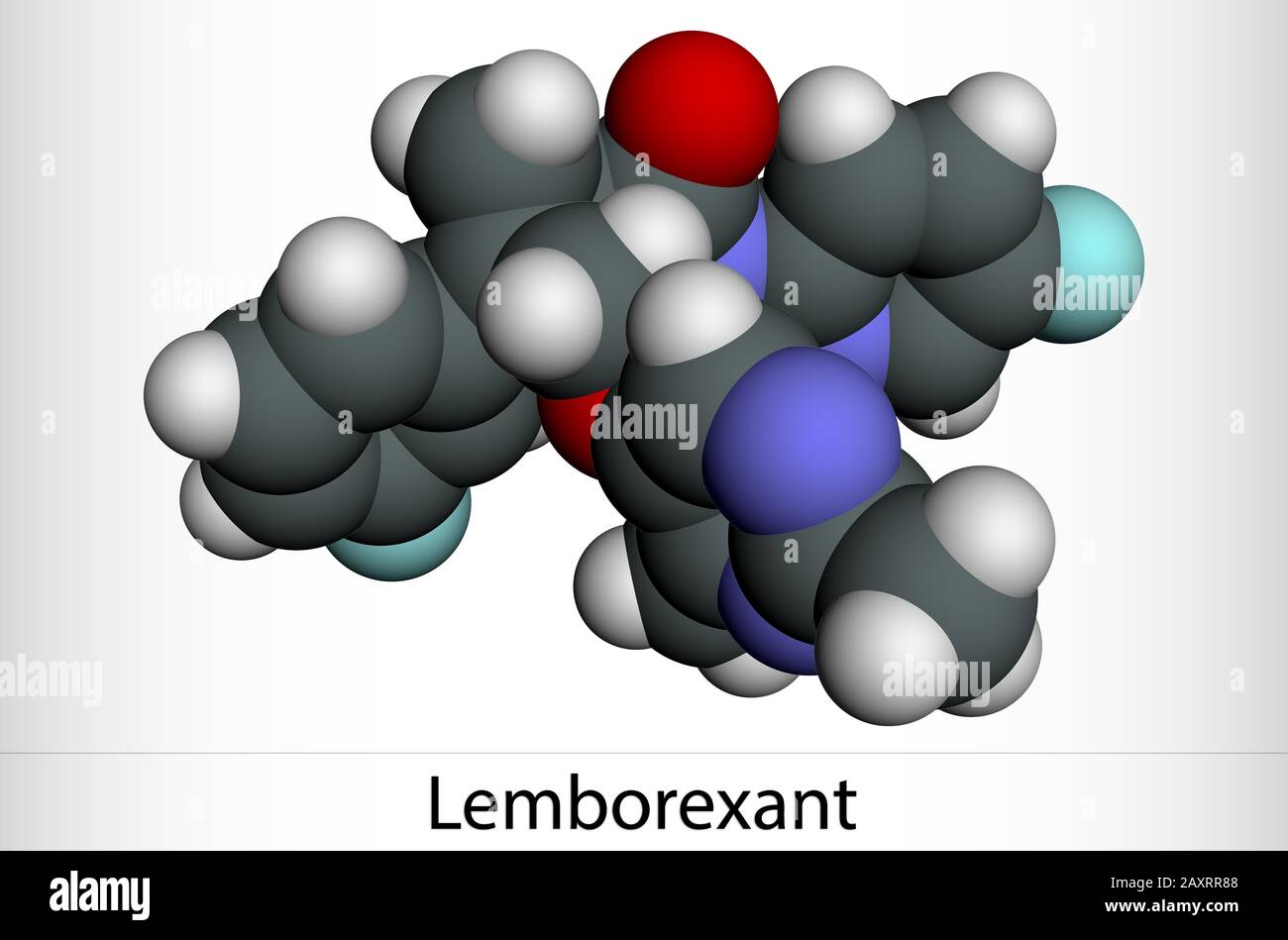 Lemborexant, C22H20F2N4O2-Molekül. Es handelt sich um einen Dual-Orexin-Rezeptor-Antagonisten, der bei der Behandlung von Schlaflosigkeit verwendet wird. Molekularmodell. 3D-Rendering Stockfoto