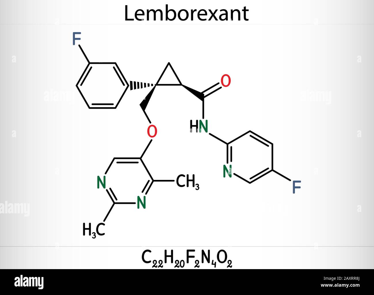Lemborexant, C22H20F2N4O2-Molekül. Es handelt sich um einen Dual-Orexin-Rezeptor-Antagonisten, der bei der Behandlung von Schlaflosigkeit verwendet wird. Skelettchemische Formel. Abbildung Stockfoto