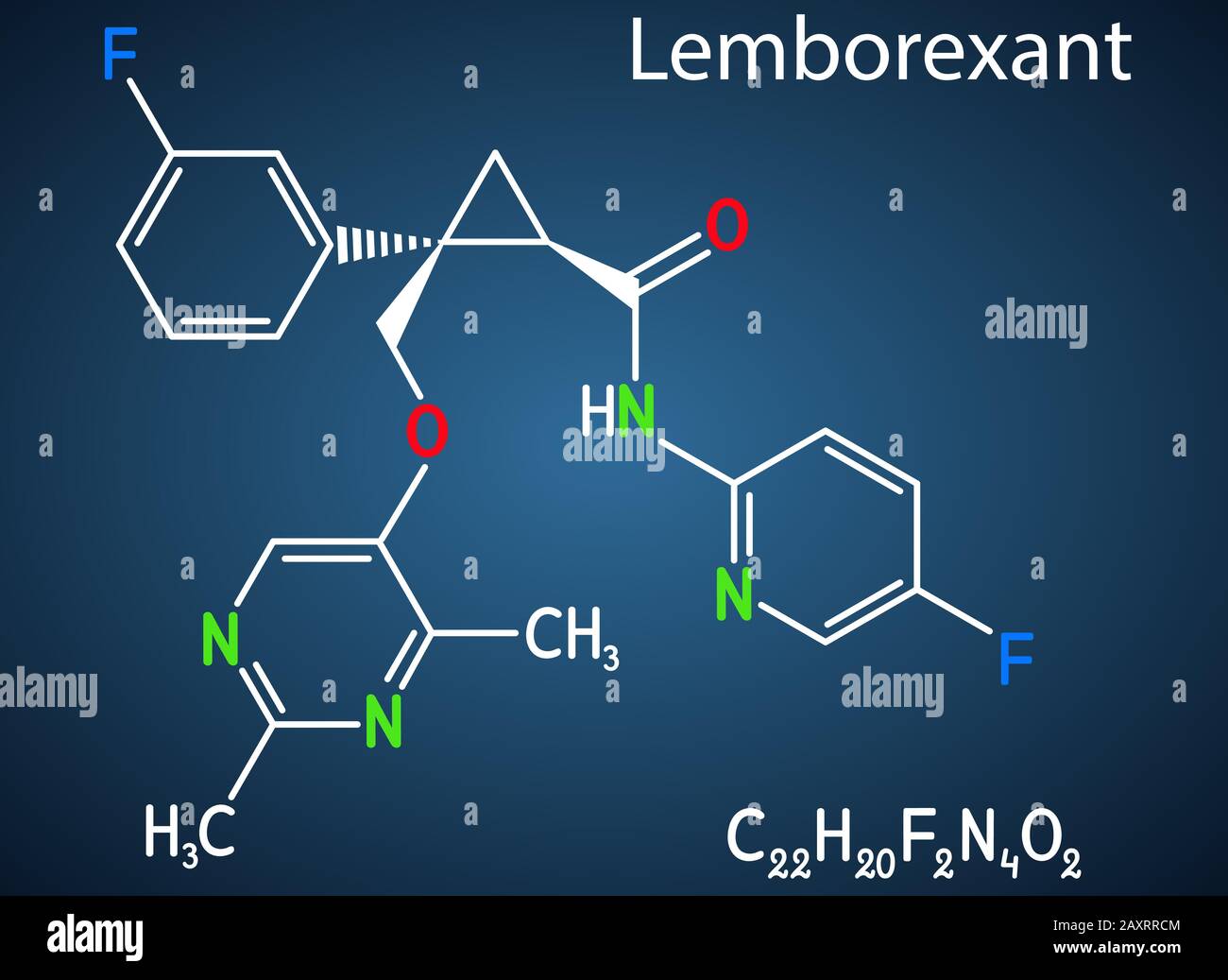 Lemborexant, C22H20F2N4O2-Molekül. Es handelt sich um einen Dual-Orexin-Rezeptor-Antagonisten, der bei der Behandlung von Schlaflosigkeit verwendet wird. Strukturelle chemische Formel auf der dunklen B. Stock Vektor