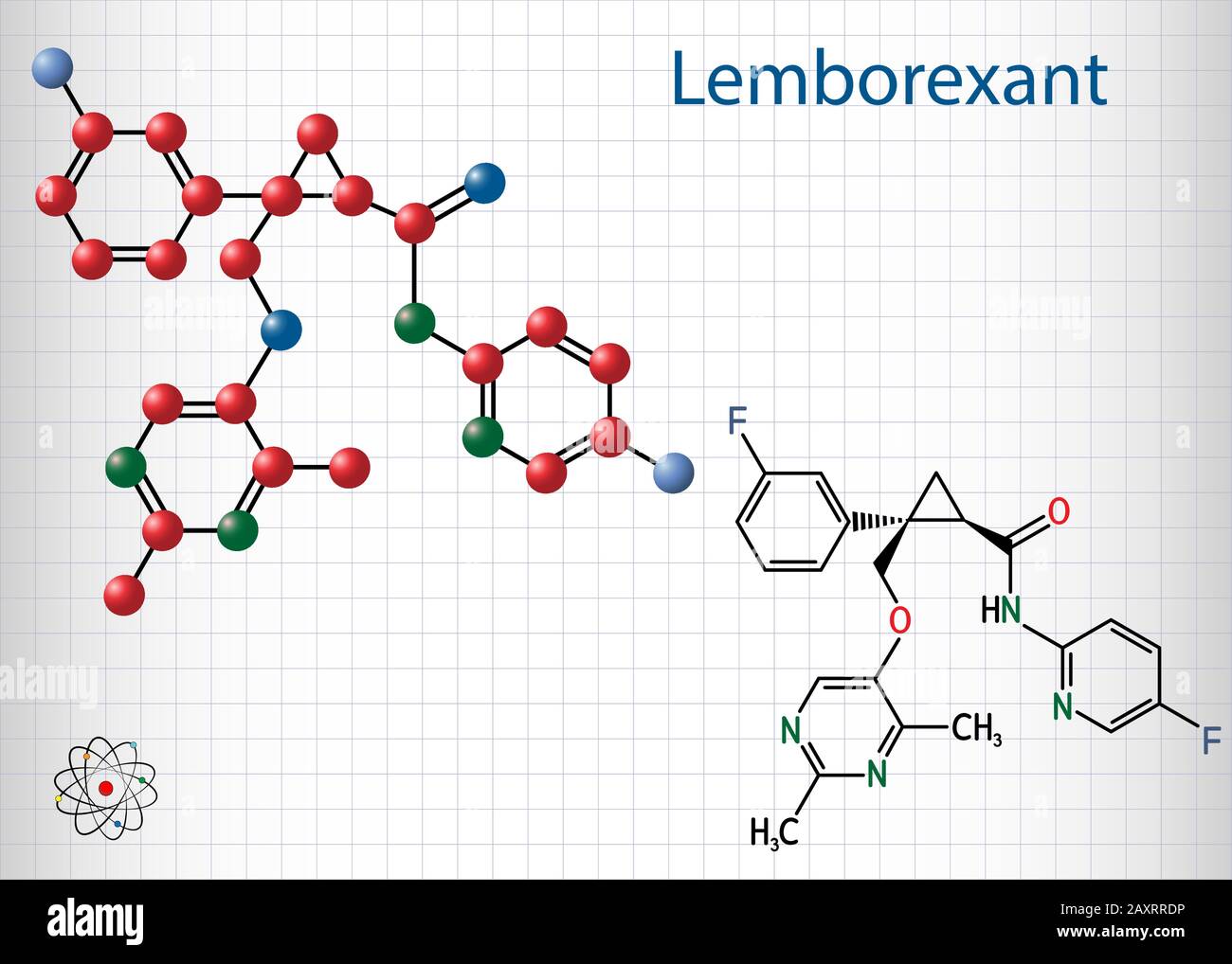 Lemborexant, C22H20F2N4O2-Molekül. Es handelt sich um einen Dual-Orexin-Rezeptor-Antagonisten, der bei der Behandlung von Schlaflosigkeit verwendet wird. Strukturelle chemische Formel und Molekül Stock Vektor