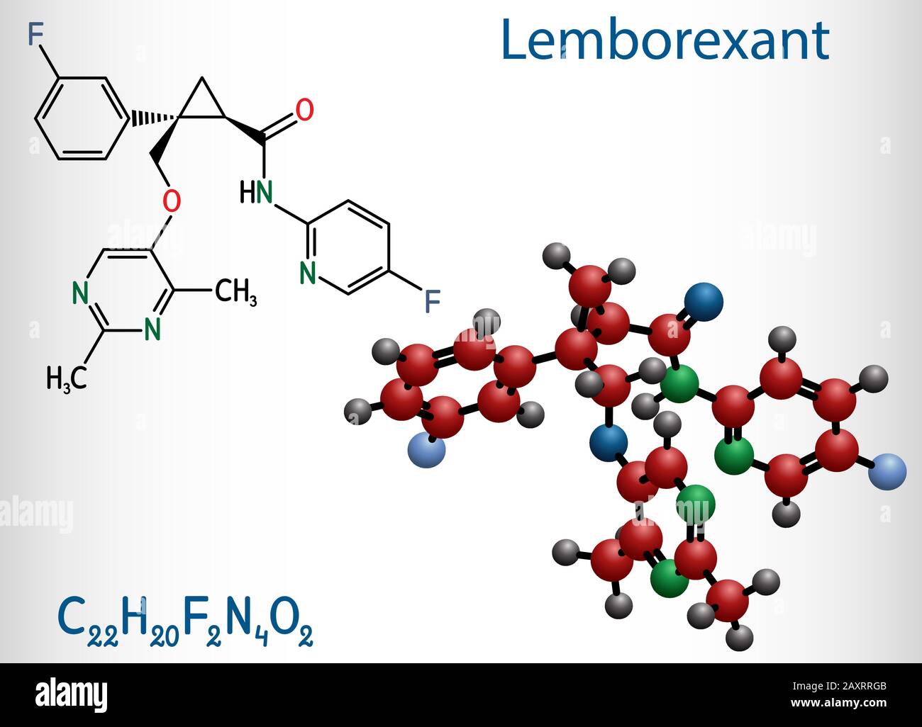 Lemborexant, C22H20F2N4O2-Molekül. Es handelt sich um einen Dual-Orexin-Rezeptor-Antagonisten, der bei der Behandlung von Schlaflosigkeit verwendet wird. Strukturelle chemische Formel und Molekül Stock Vektor
