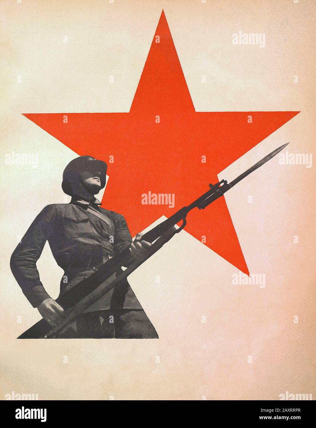Rote Armee in den 1930er Jahren. Aus dem sowjetischen Propagandabuch von 1937. Sowjet Soldat vor dem Hintergrund eines roten Sterns. Stockfoto