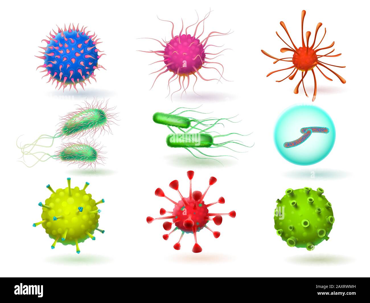 Mikroskopisch kleines 3D-Epidemievirus, Bacillus Bakterien und Parasit Stock Vektor