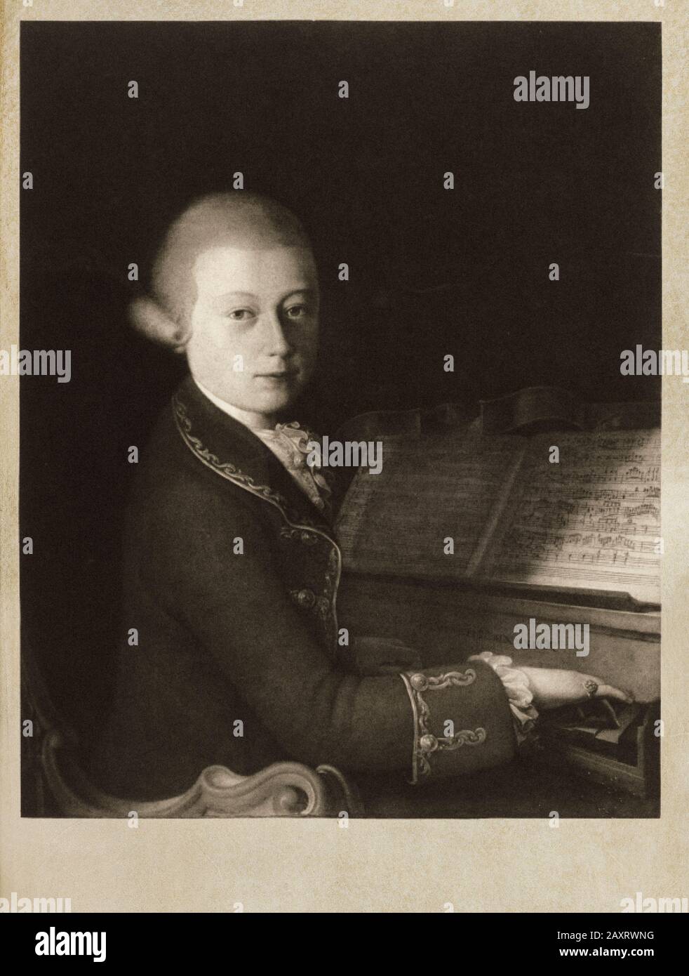 Porträt von Wolfgang Amadeus Mozart als Knabe an der Klavierhalbfigur, auf dem Clavichord sitzend mit Aufschrift "Veneti MDLXXXIII", offenes Musikheft a Stockfoto