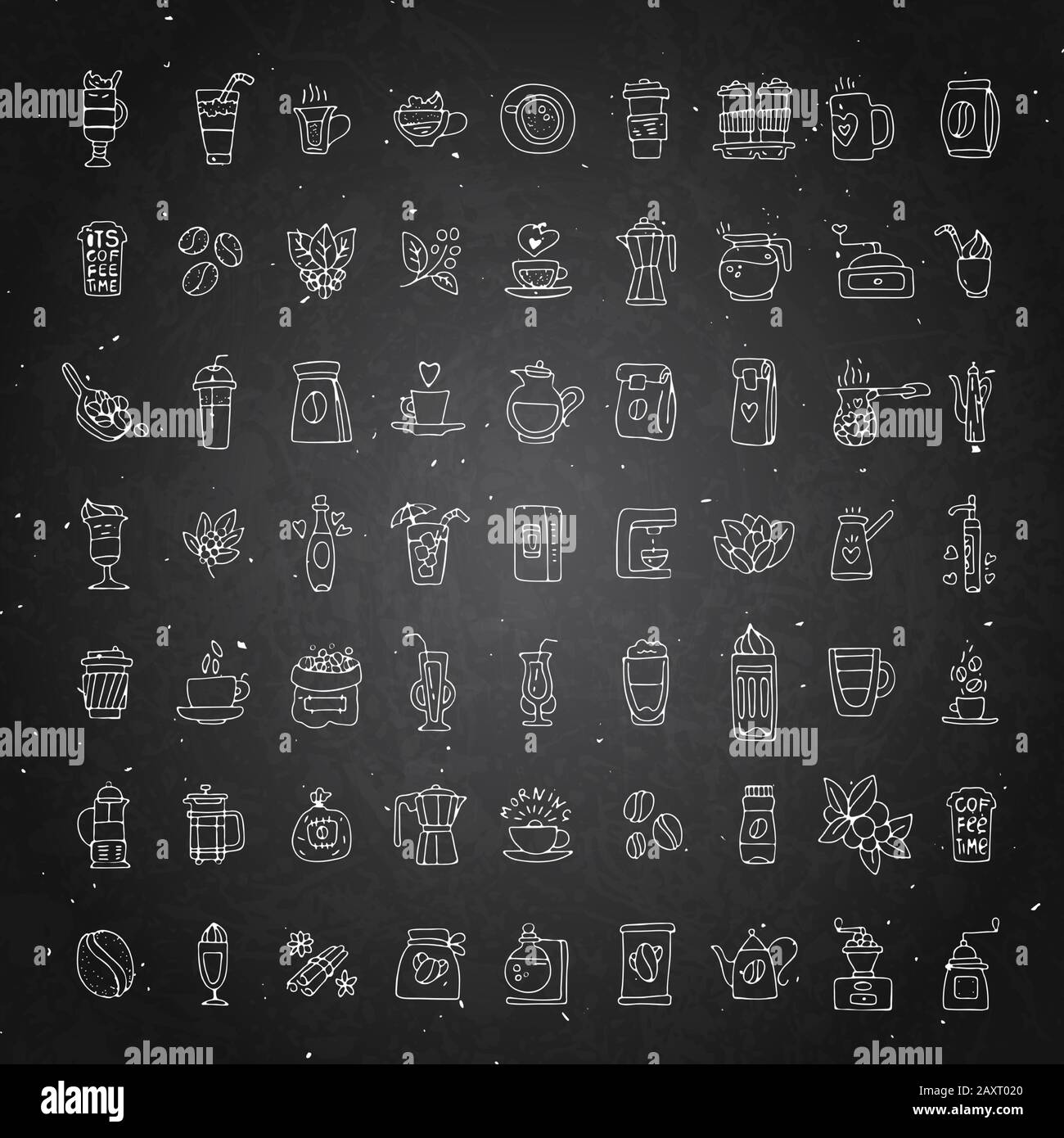 Vektorsatz mit Kaffeesymbolen auf schwarzem Kreidegrund. Symbol für handgezeichneten Kaffee, Vektor-Doodle-Kollektion. Morgenkaffee, Logo mit Café, Bohnen, Blättern Stock Vektor