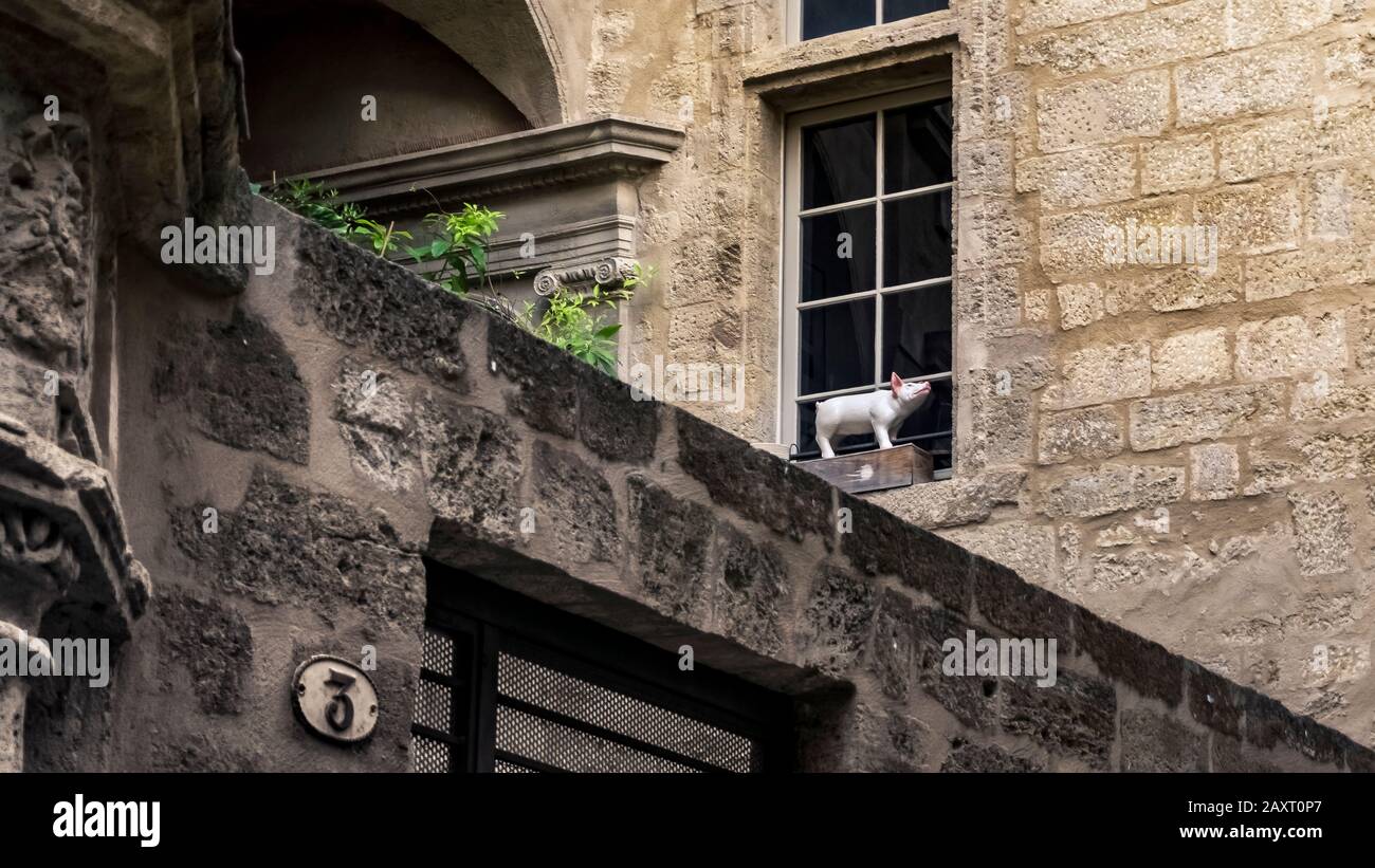 Keramikschwein auf der Fensterbank in Pézenas. Stockfoto