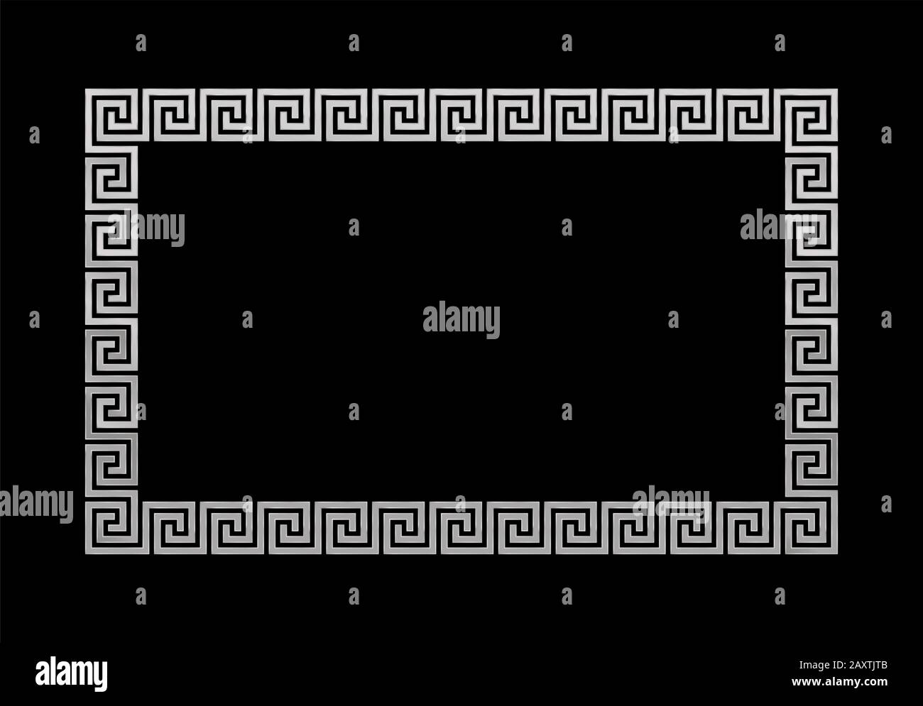 Silberfarbenes Mäander-Rechteck-Bild, altgriechisches Motiv, nahtloses Muster - Illustration auf schwarzem Hintergrund. Stockfoto