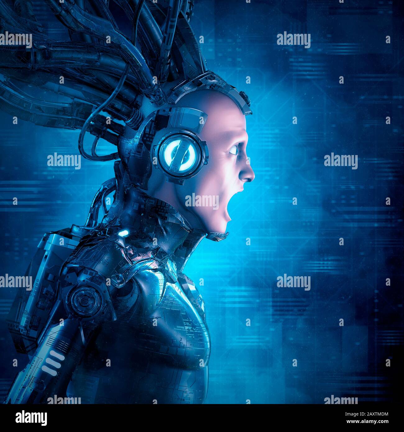 Schock für das System / 3D-Darstellung der Science-Fiction-Szene mit überraschtem Mann, der in einem mechanischen virtuellen Realitätsanzug umhüllt ist Stockfoto