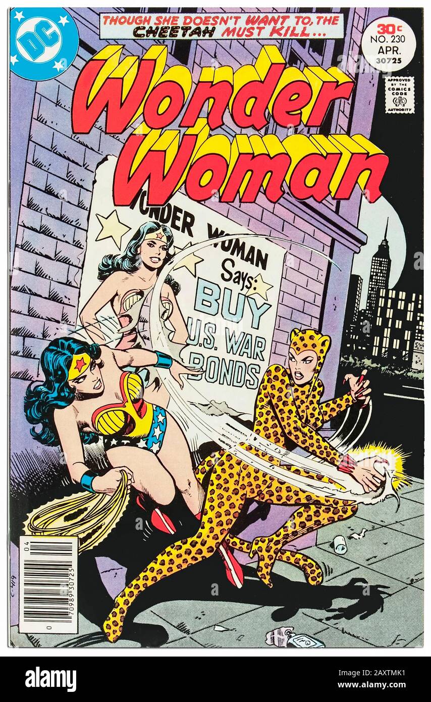 "Wonder Woman" DC Comics Ausgabe 230 veröffentlicht am 1. April 1977 Geschichte von Martin Pasko, Cover Artwork von José Luis García-López. The Claws of the Cheetah! Der Cheetah versucht, die geheime Identität der Wunderfrau zu entdecken. Stockfoto