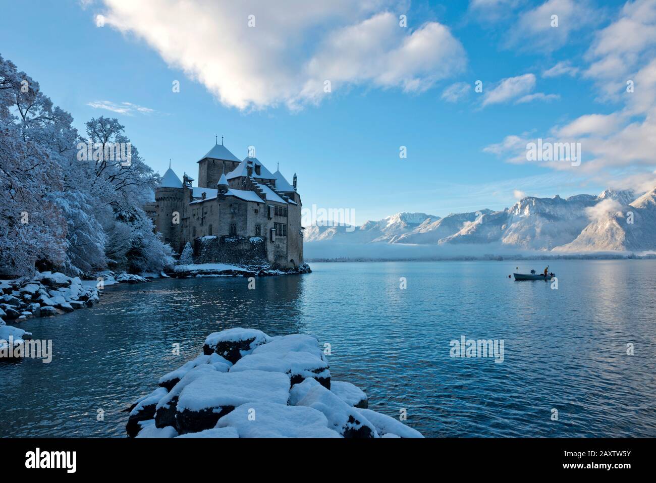 Schweiz Waadt, Waadt, Montreux, Veytaux, Château de Chillon, Schloss, Schloss, Lac Léman, Genfer See, Genfer See, hiver, Winter, neige, Sch Stockfoto