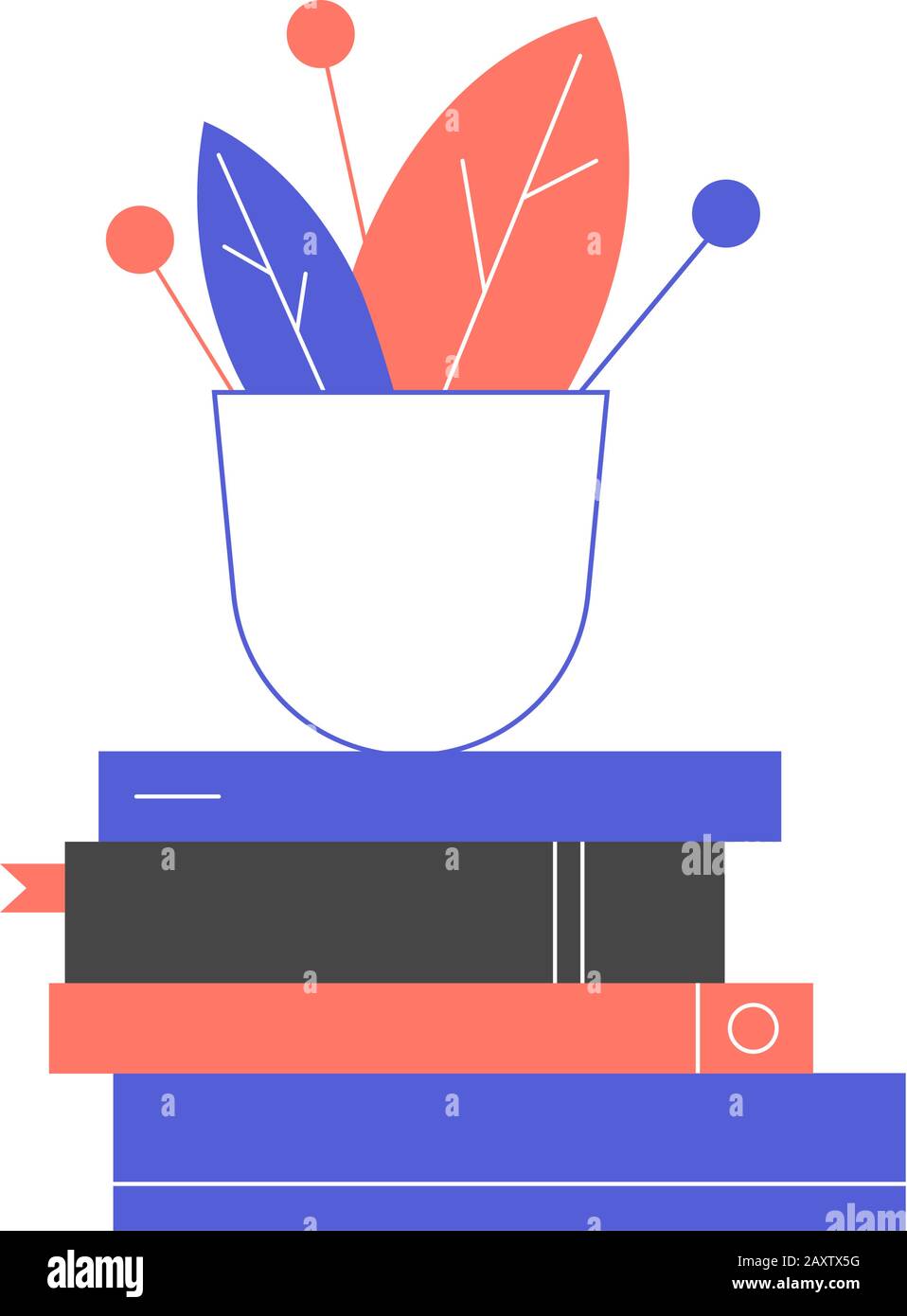 Ein Blumentopf auf einem Stapel Bücher. Stock Vektor