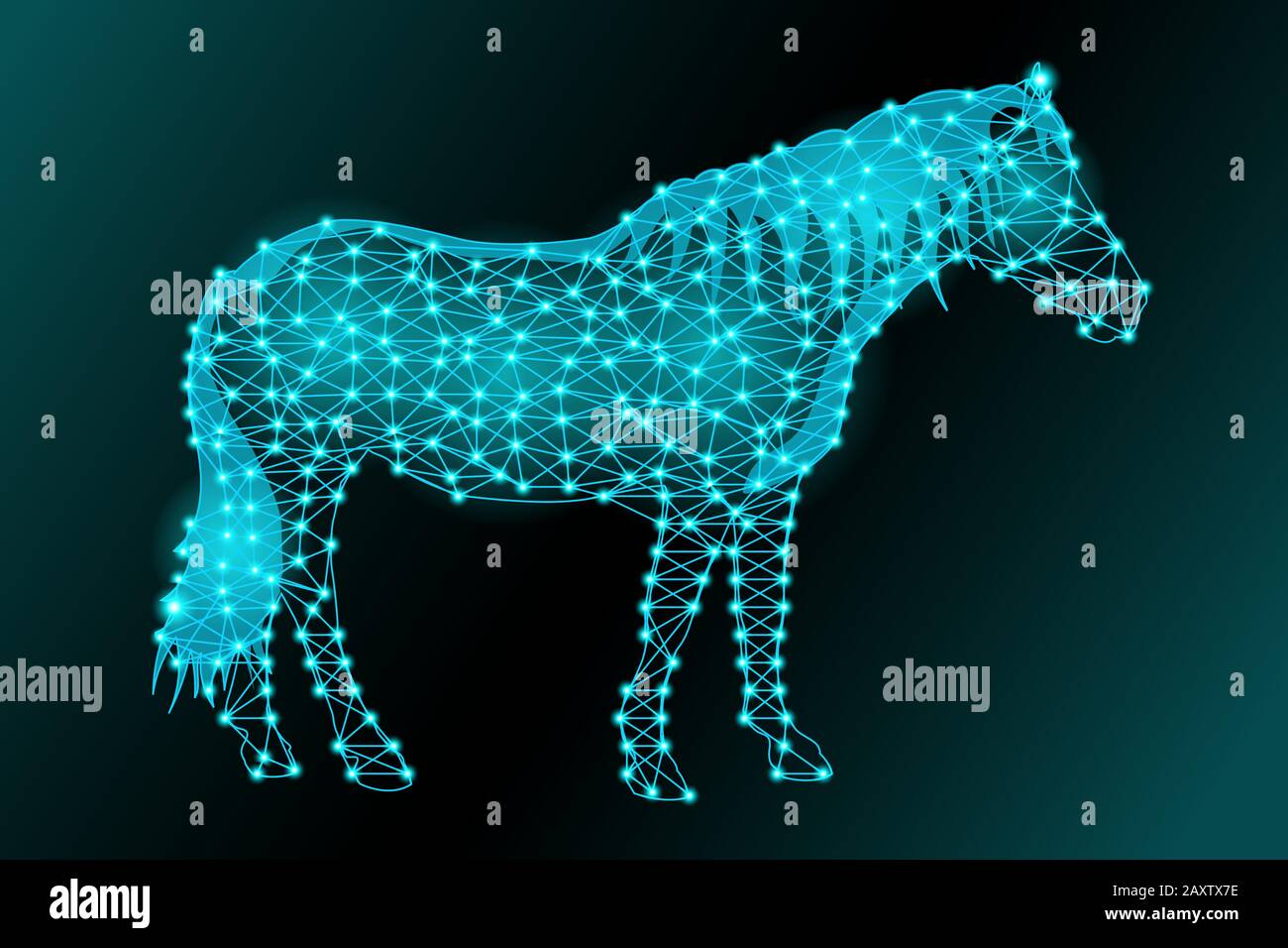 Silhouette eines Pferdes aus einem Dreiecksnetz und leuchtenden Punkten Stock Vektor